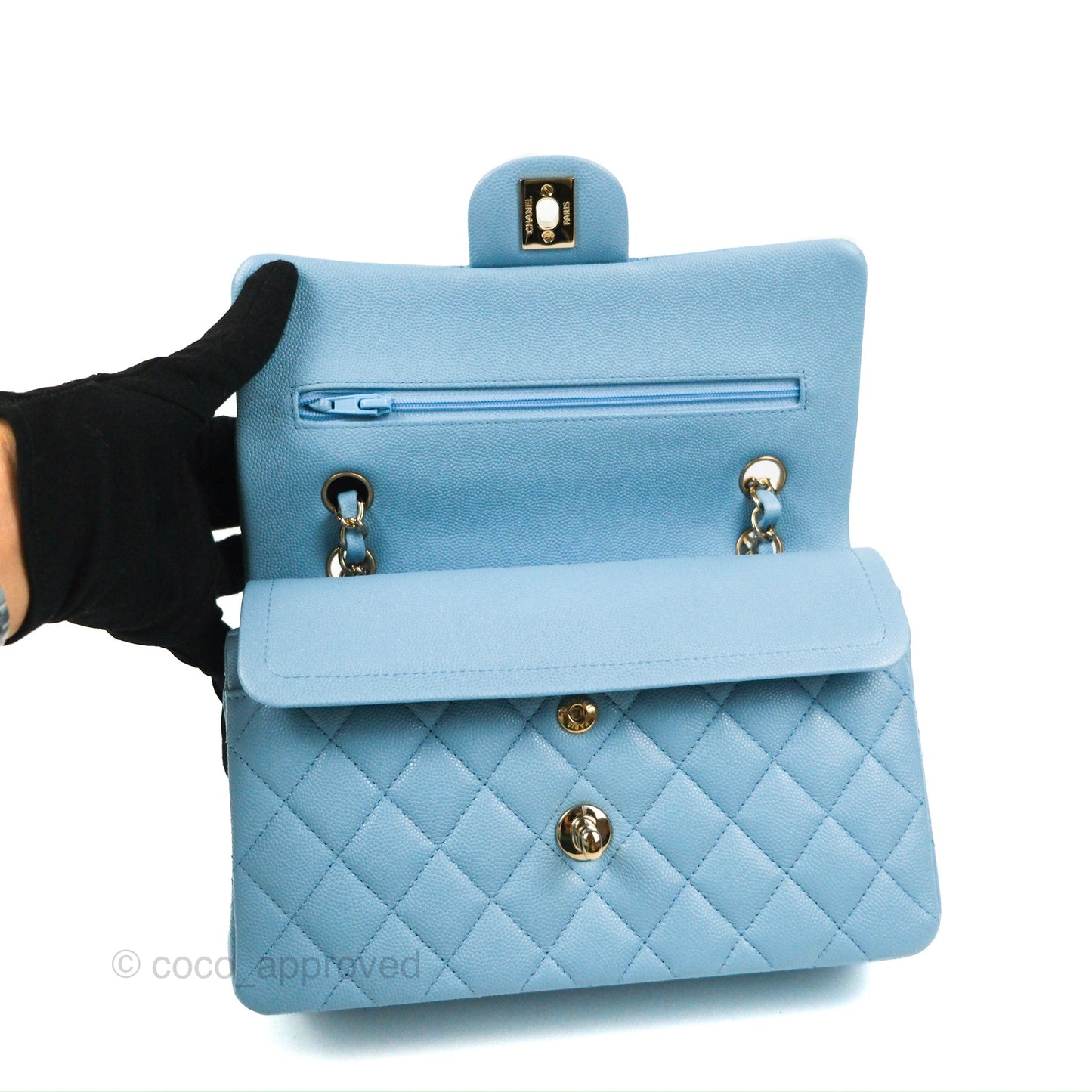 Chanel Small Classic Quilted Flap Light Blue Caviar Gold Hardware