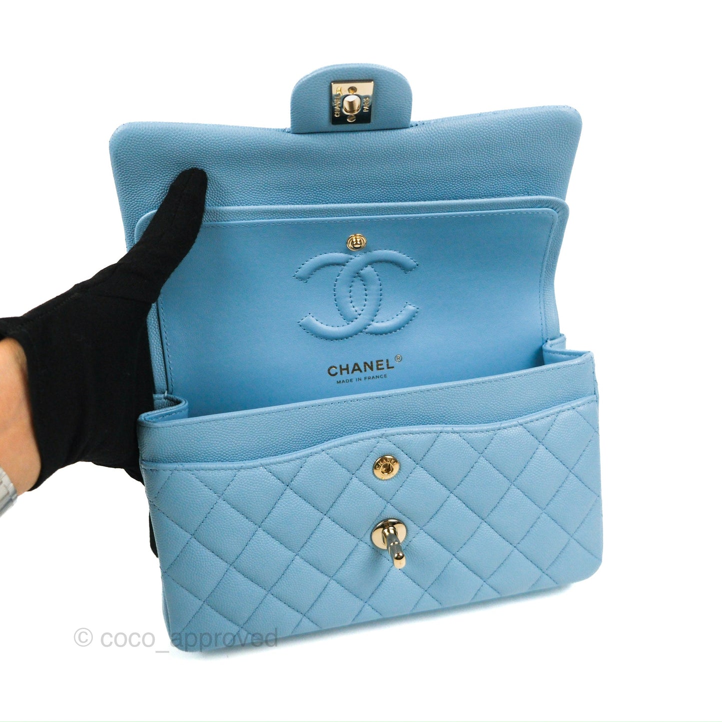 Chanel Small Classic Quilted Flap Light Blue Caviar Gold Hardware