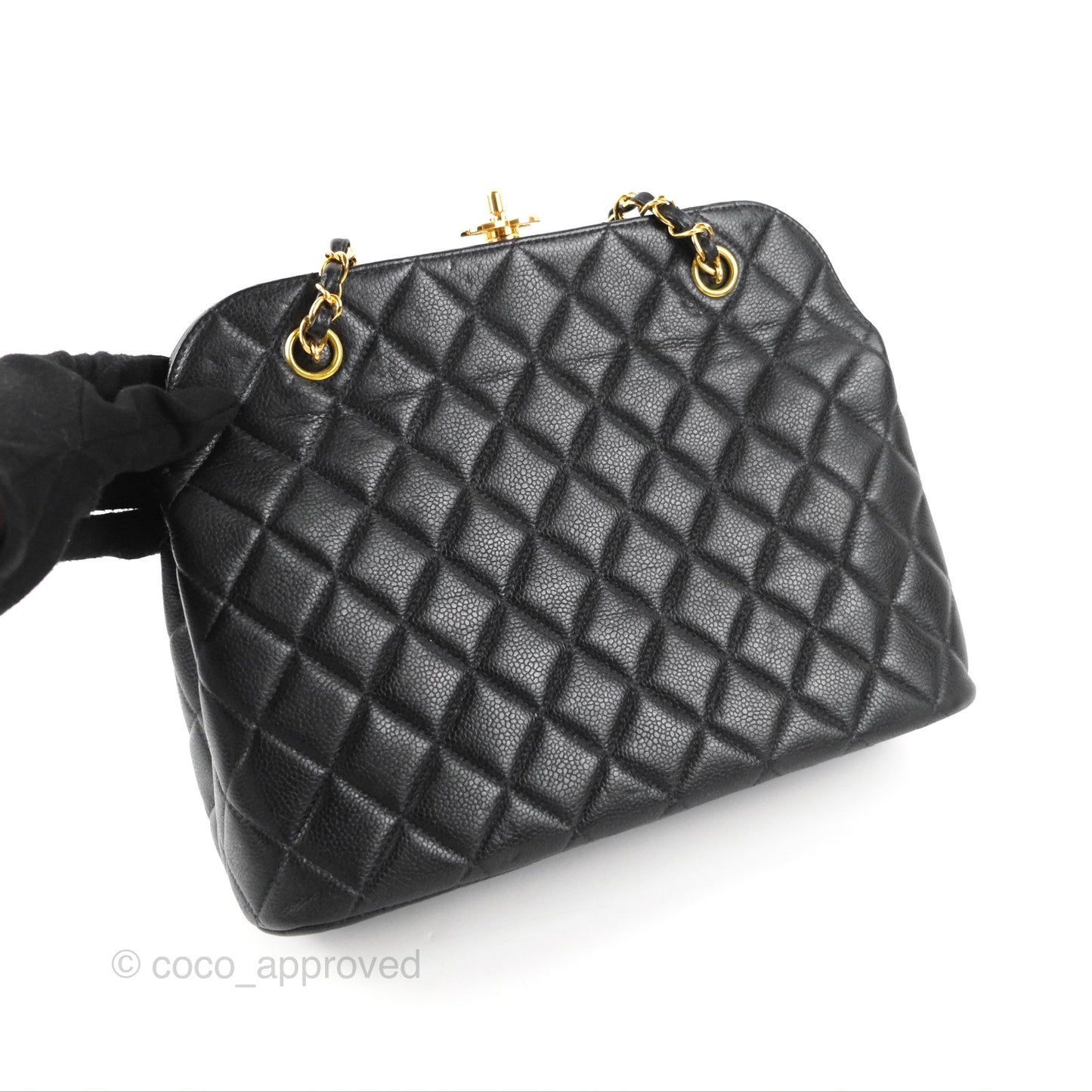 Chanel Vintage CC Kisslock Turnlock Shoulder Bag Quilted Black Caviar 24K Gold Hardware