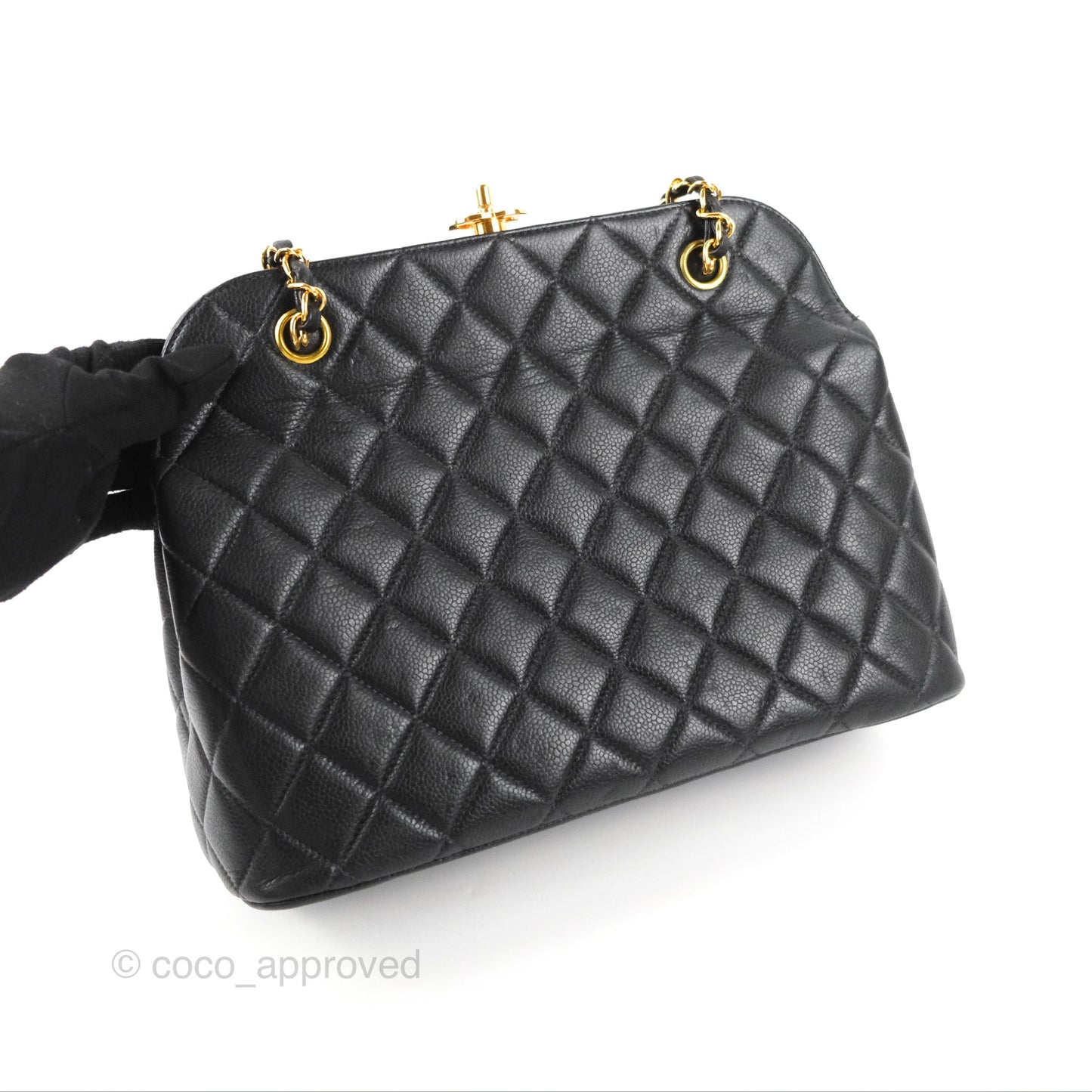 Chanel Vintage CC Kisslock Turnlock Shoulder Bag Quilted Black Caviar 24K Gold Hardware