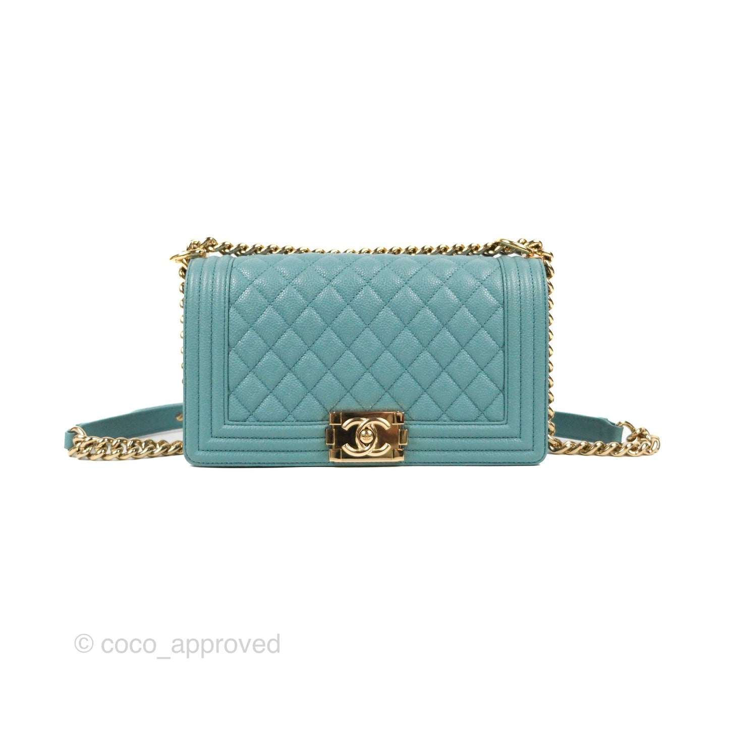 Chanel Quilted Medium Boy Tiffany Blue Caviar Gold Hardware