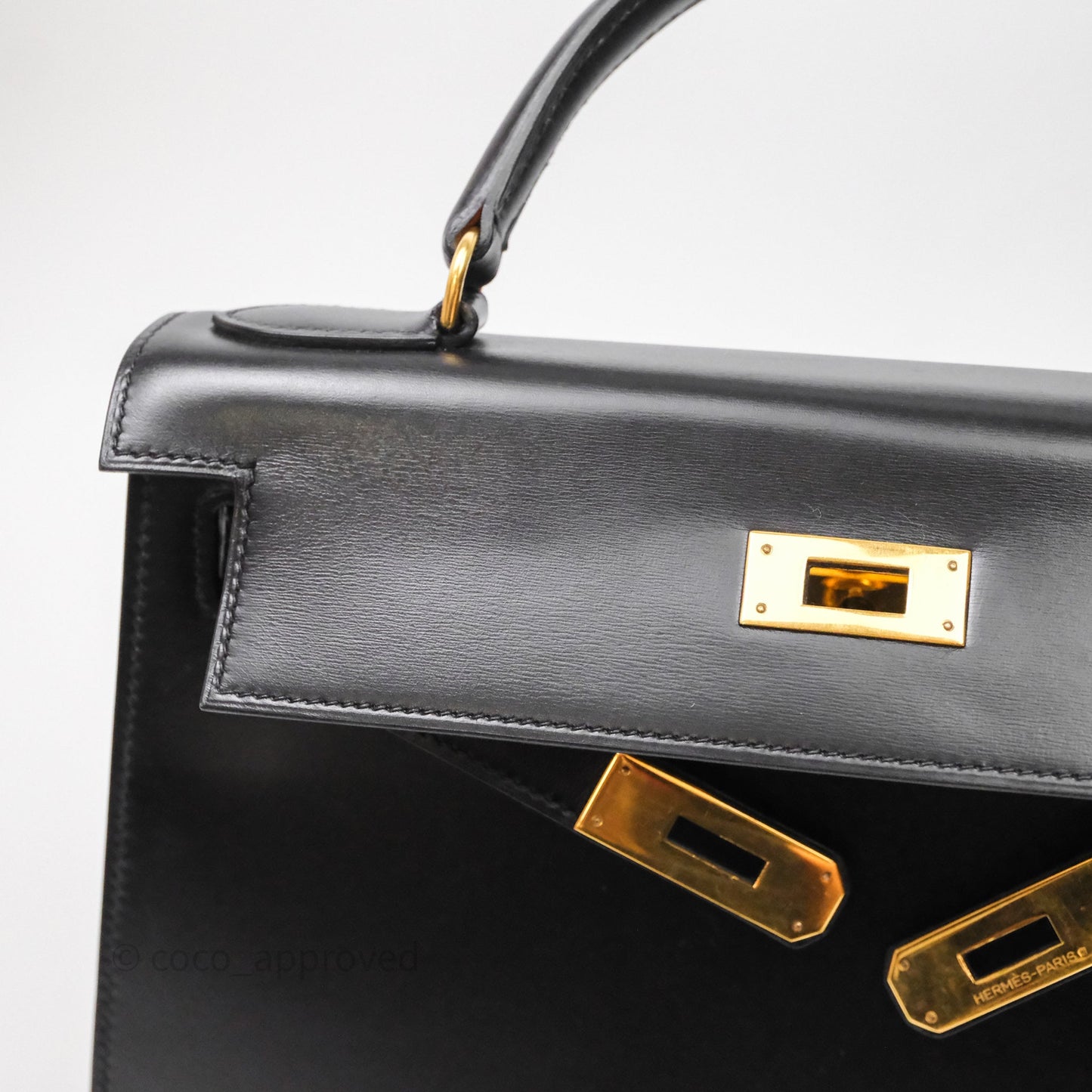 Hermès Vintage Kelly 28 Sellier Black Noir 89 Box Leather Gold Hardware