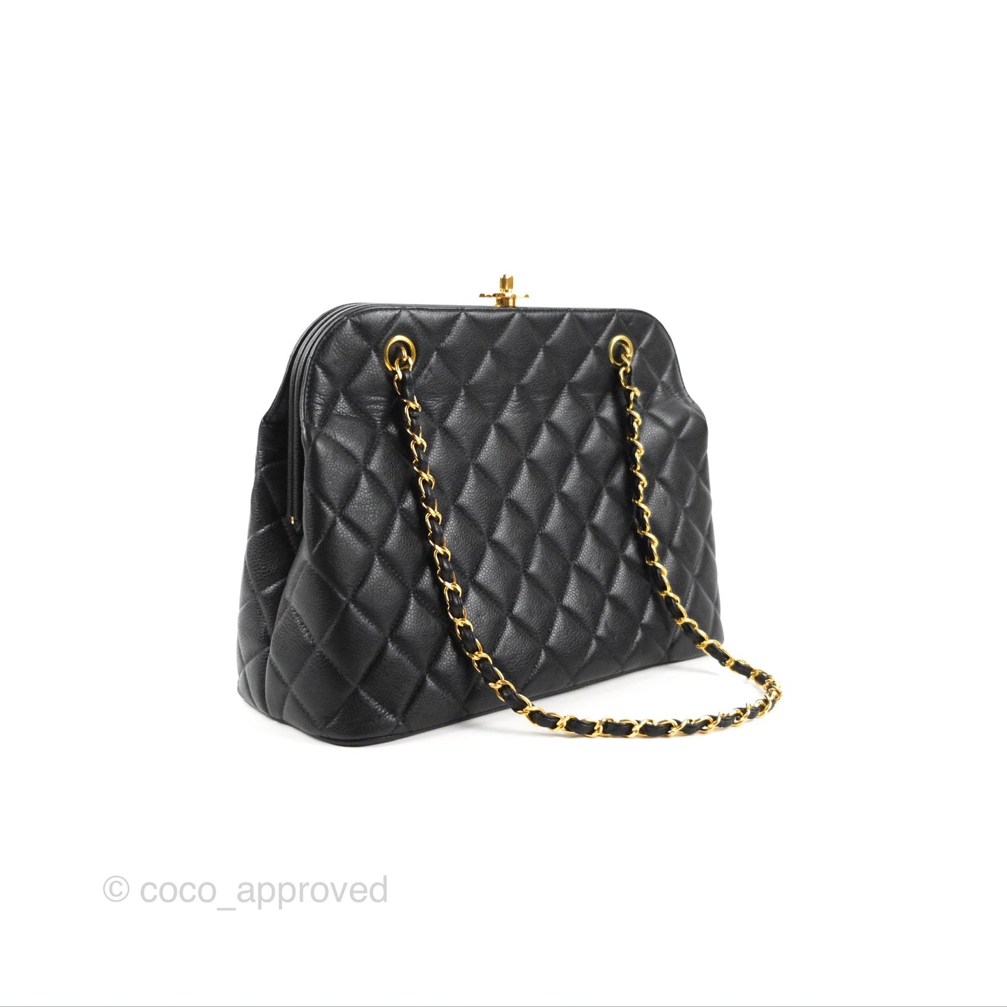 Chanel Vintage CC Kisslock Turnlock Shoulder Bag Quilted Black Caviar 24K Gold Hardware