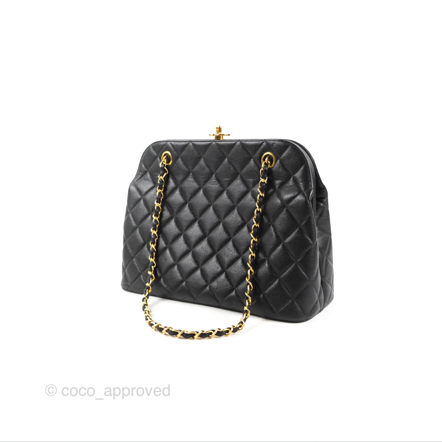 Chanel Vintage CC Kisslock Turnlock Shoulder Bag Quilted Black Caviar 24K Gold Hardware