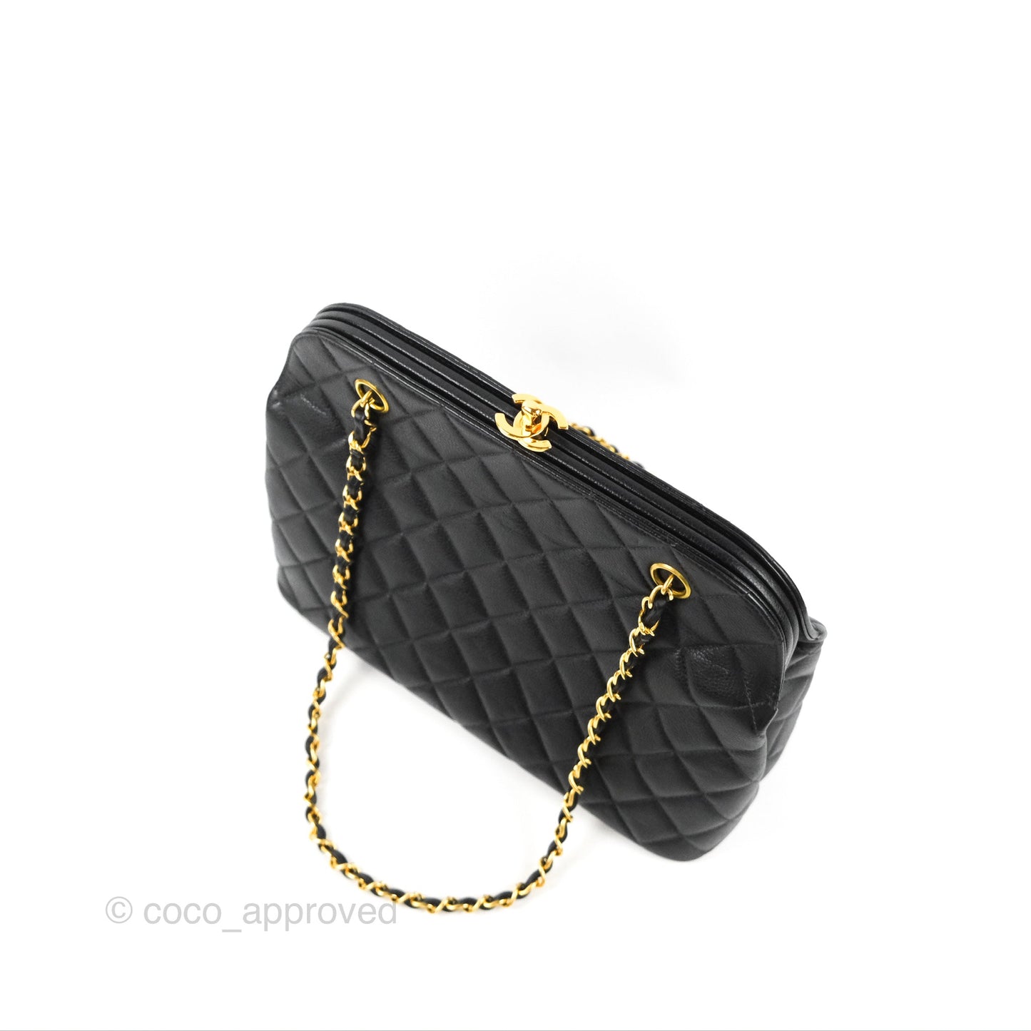 Chanel Vintage CC Kisslock Turnlock Shoulder Bag Quilted Black Caviar 24K Gold Hardware