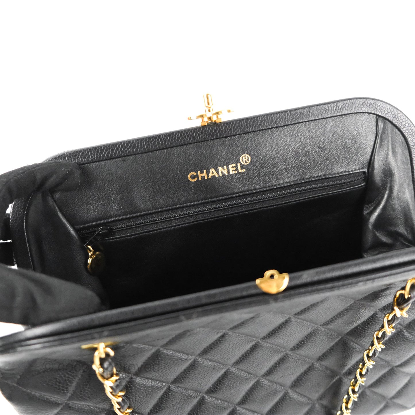 Chanel Vintage CC Kisslock Turnlock Shoulder Bag Quilted Black Caviar 24K Gold Hardware
