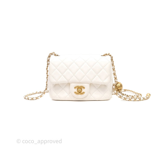 Chanel Mini Square Pearl Crush Quilted White Lambskin Aged Gold Hardware