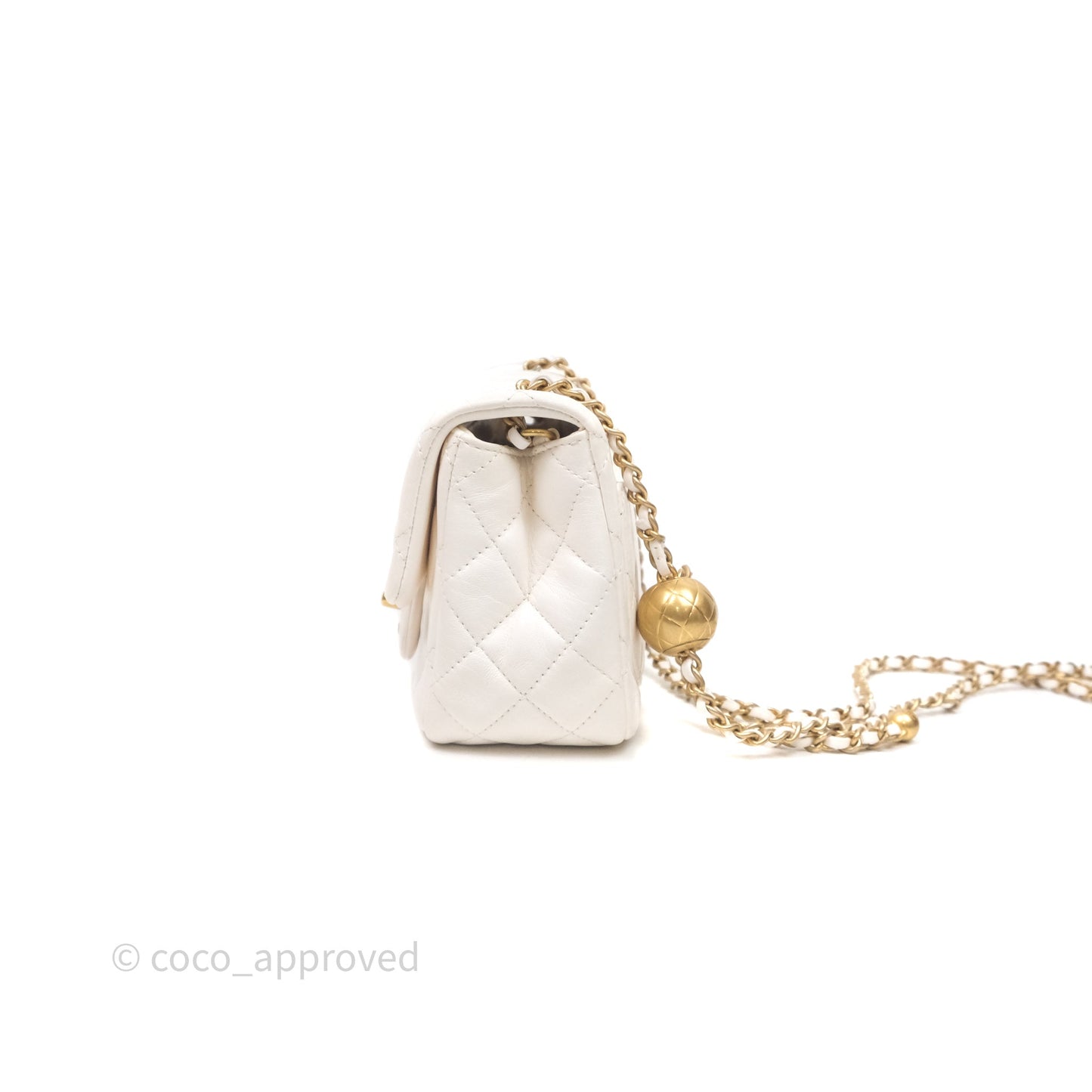 Chanel Mini Square Pearl Crush Quilted White Lambskin Aged Gold Hardware