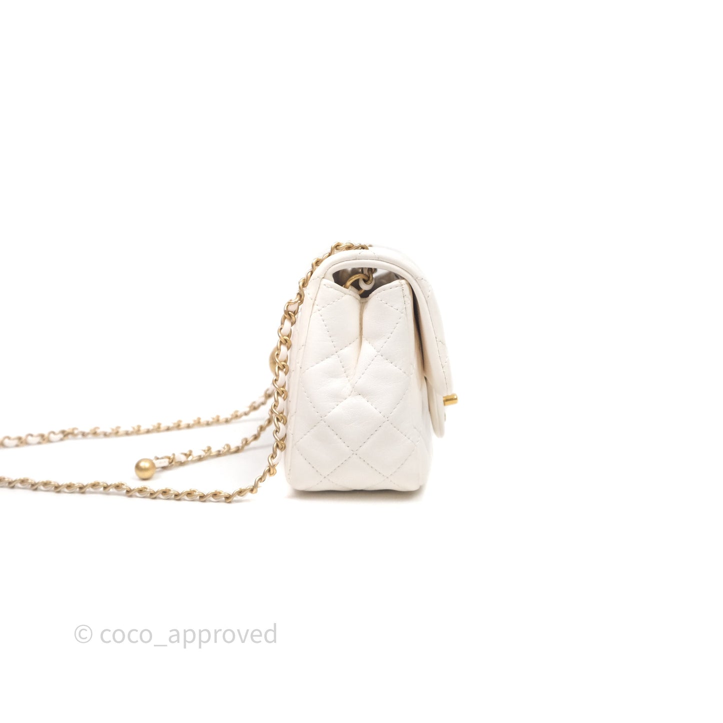 Chanel Mini Square Pearl Crush Quilted White Lambskin Aged Gold Hardware