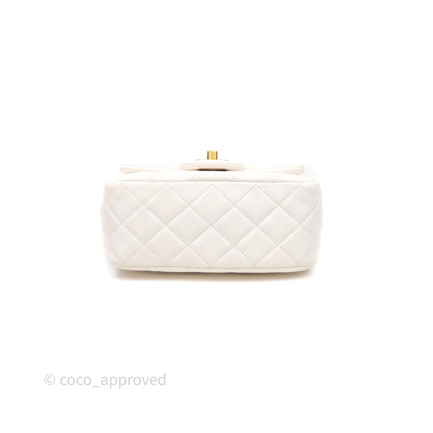 Chanel Mini Square Pearl Crush Quilted White Lambskin Aged Gold Hardware