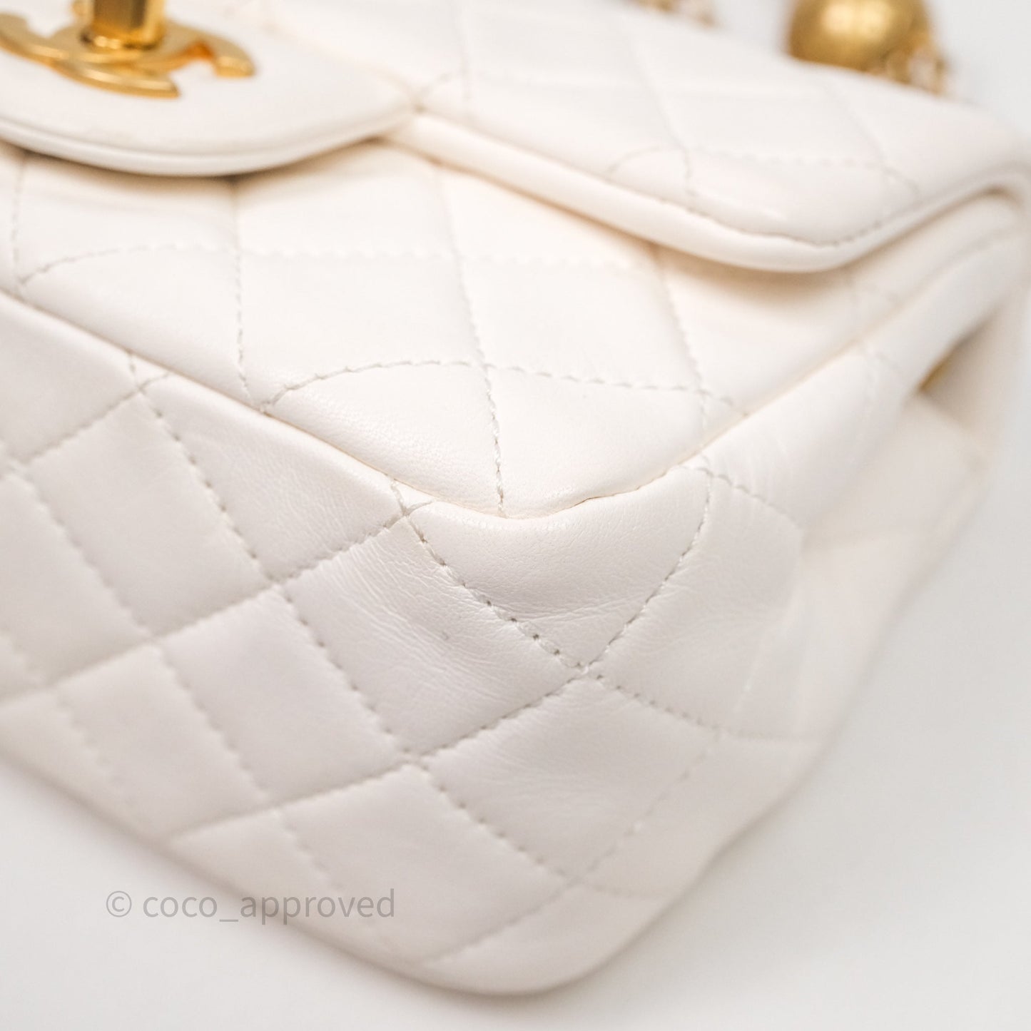 Chanel Mini Square Pearl Crush Quilted White Lambskin Aged Gold Hardware