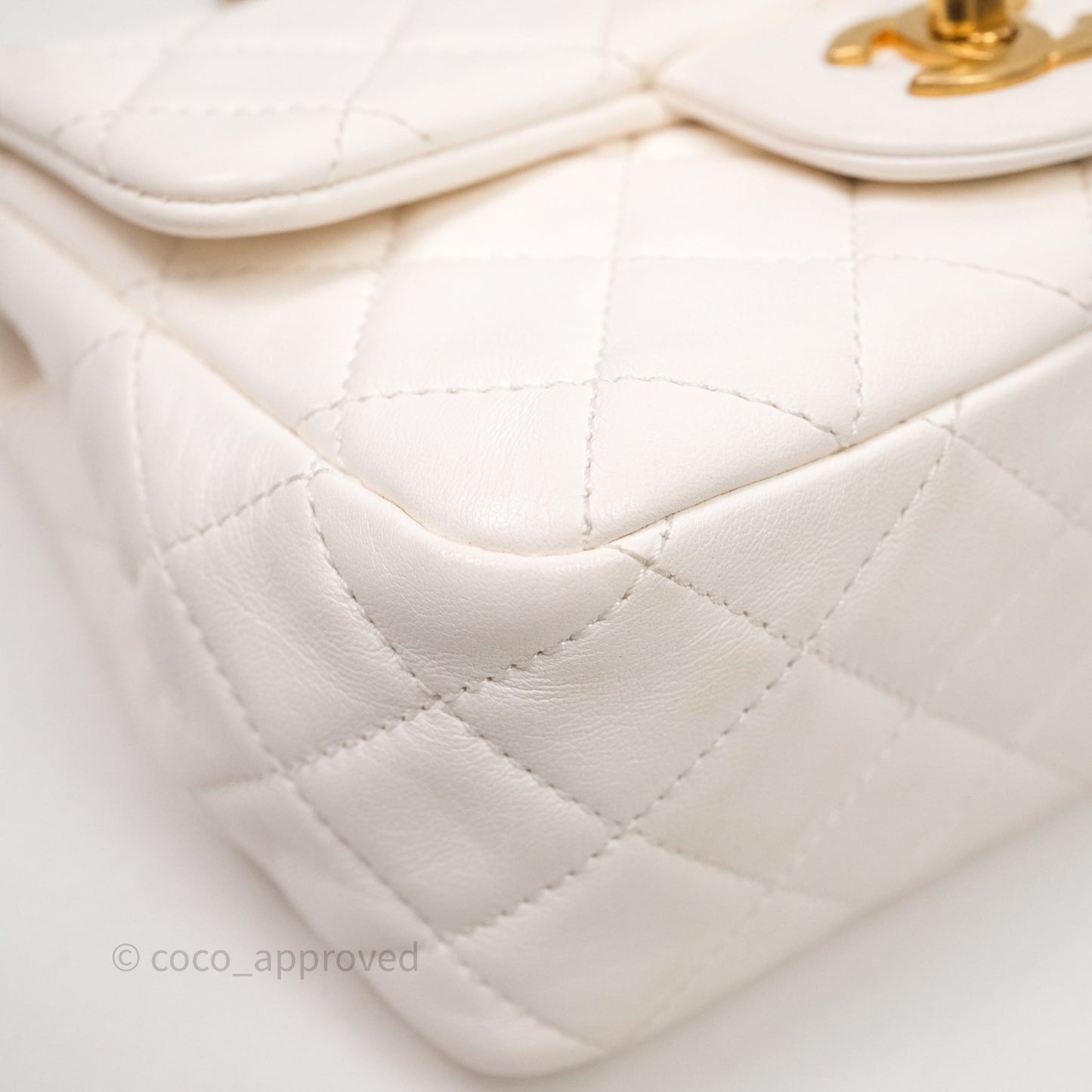 Chanel Mini Square Pearl Crush Quilted White Lambskin Aged Gold Hardware