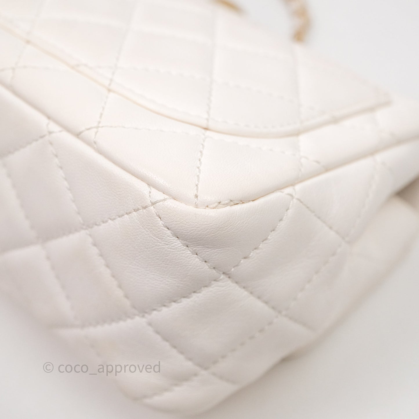 Chanel Mini Square Pearl Crush Quilted White Lambskin Aged Gold Hardware