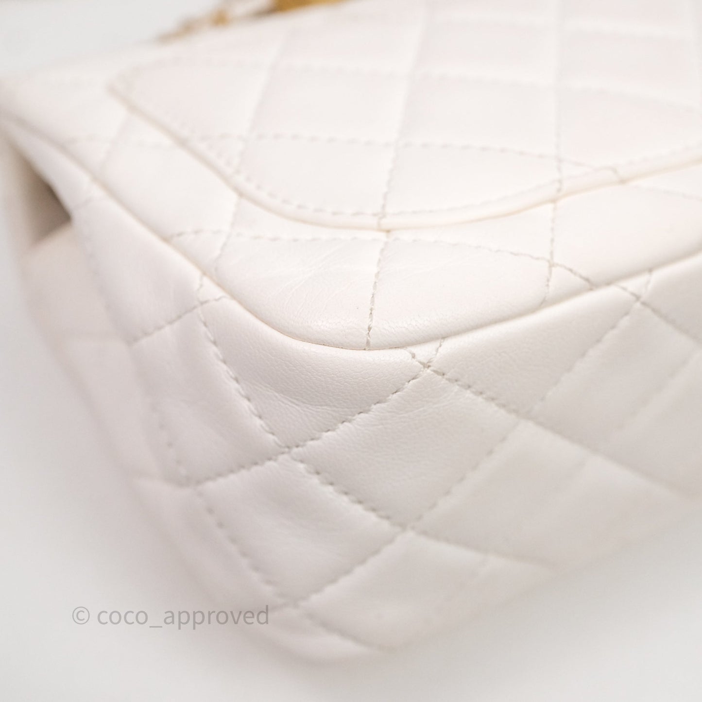 Chanel Mini Square Pearl Crush Quilted White Lambskin Aged Gold Hardware