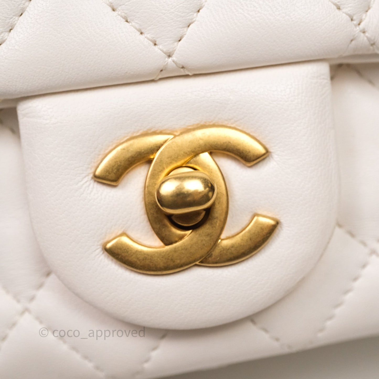 Chanel Mini Square Pearl Crush Quilted White Lambskin Aged Gold Hardware