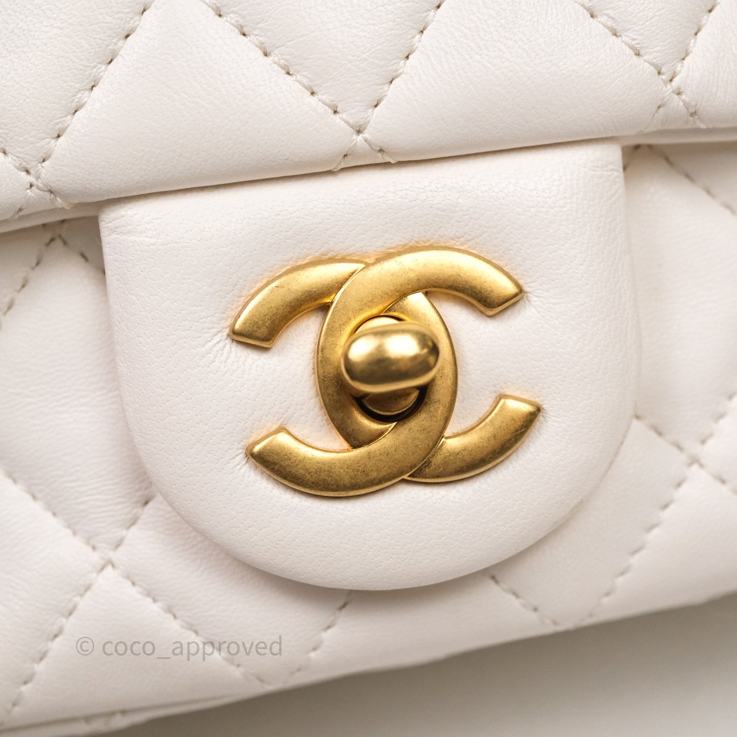 Chanel Mini Square Pearl Crush Quilted White Lambskin Aged Gold Hardware