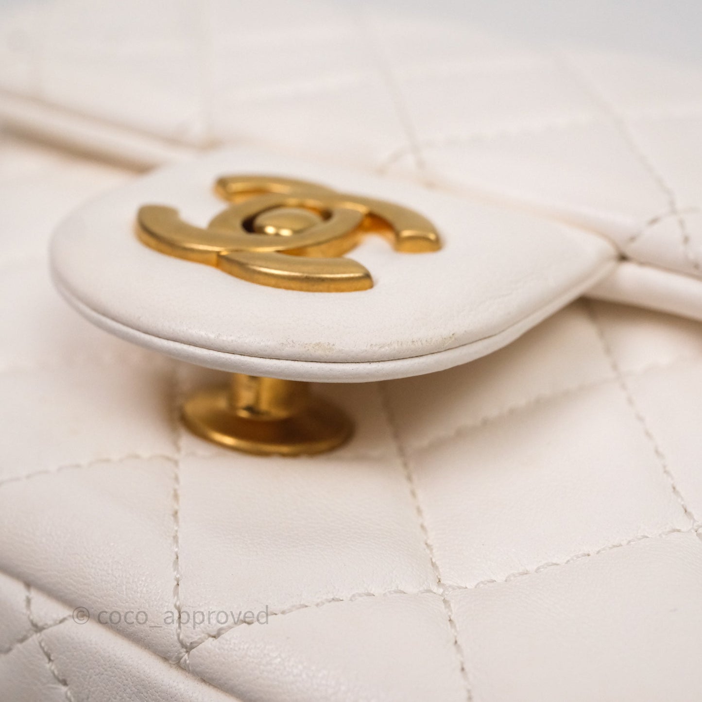 Chanel Mini Square Pearl Crush Quilted White Lambskin Aged Gold Hardware