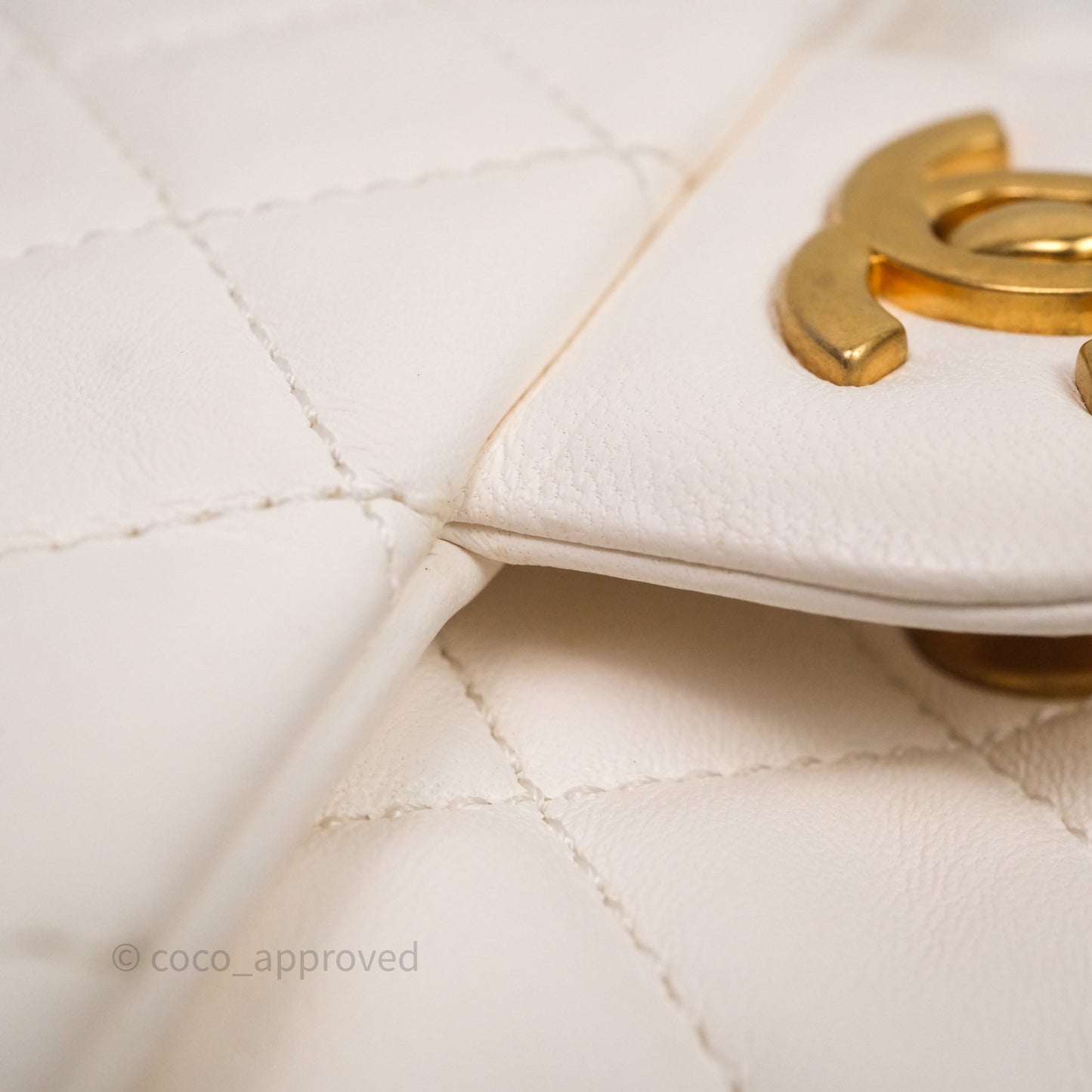 Chanel Mini Square Pearl Crush Quilted White Lambskin Aged Gold Hardware