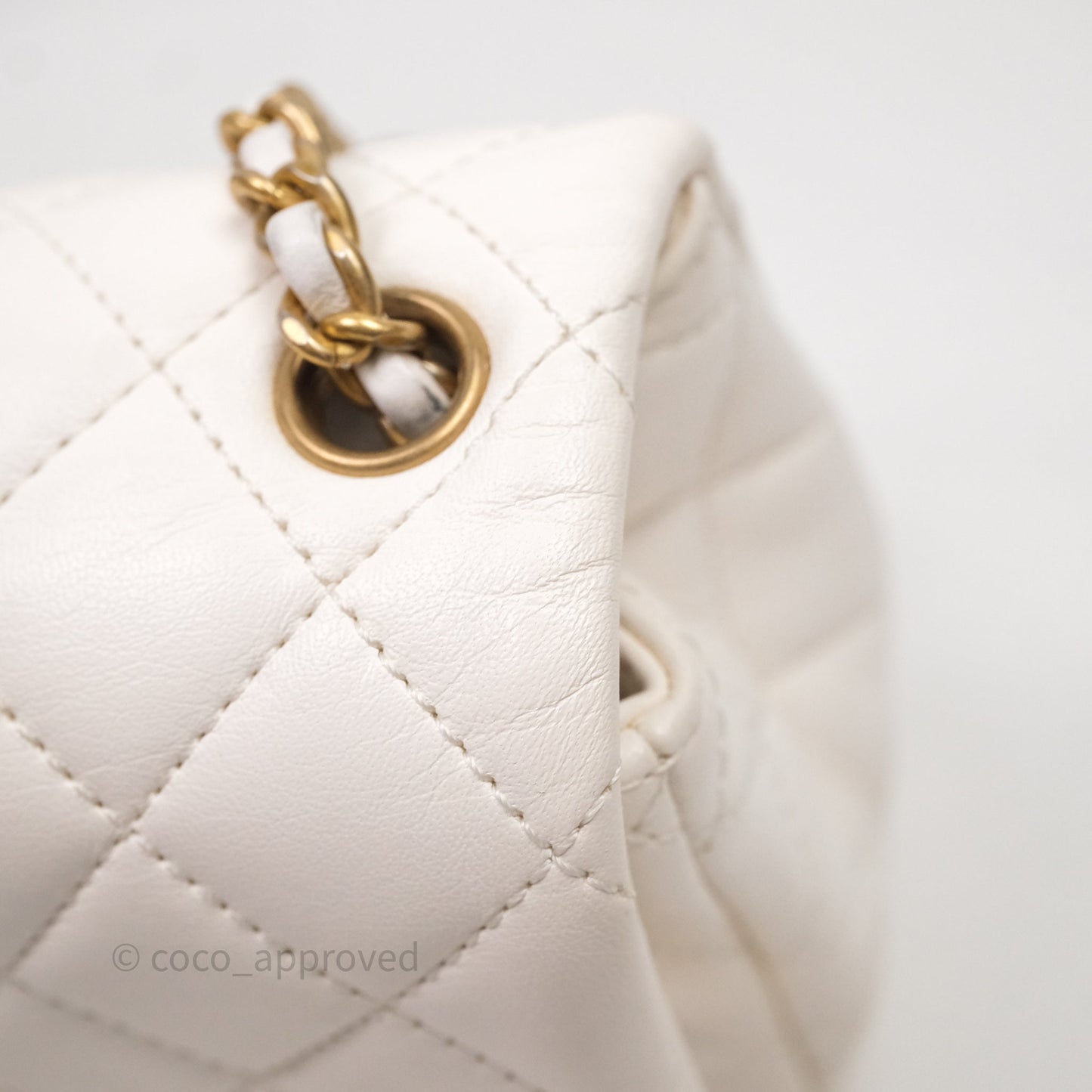 Chanel Mini Square Pearl Crush Quilted White Lambskin Aged Gold Hardware