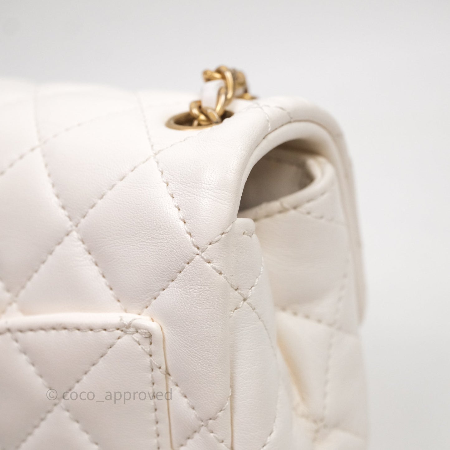 Chanel Mini Square Pearl Crush Quilted White Lambskin Aged Gold Hardware