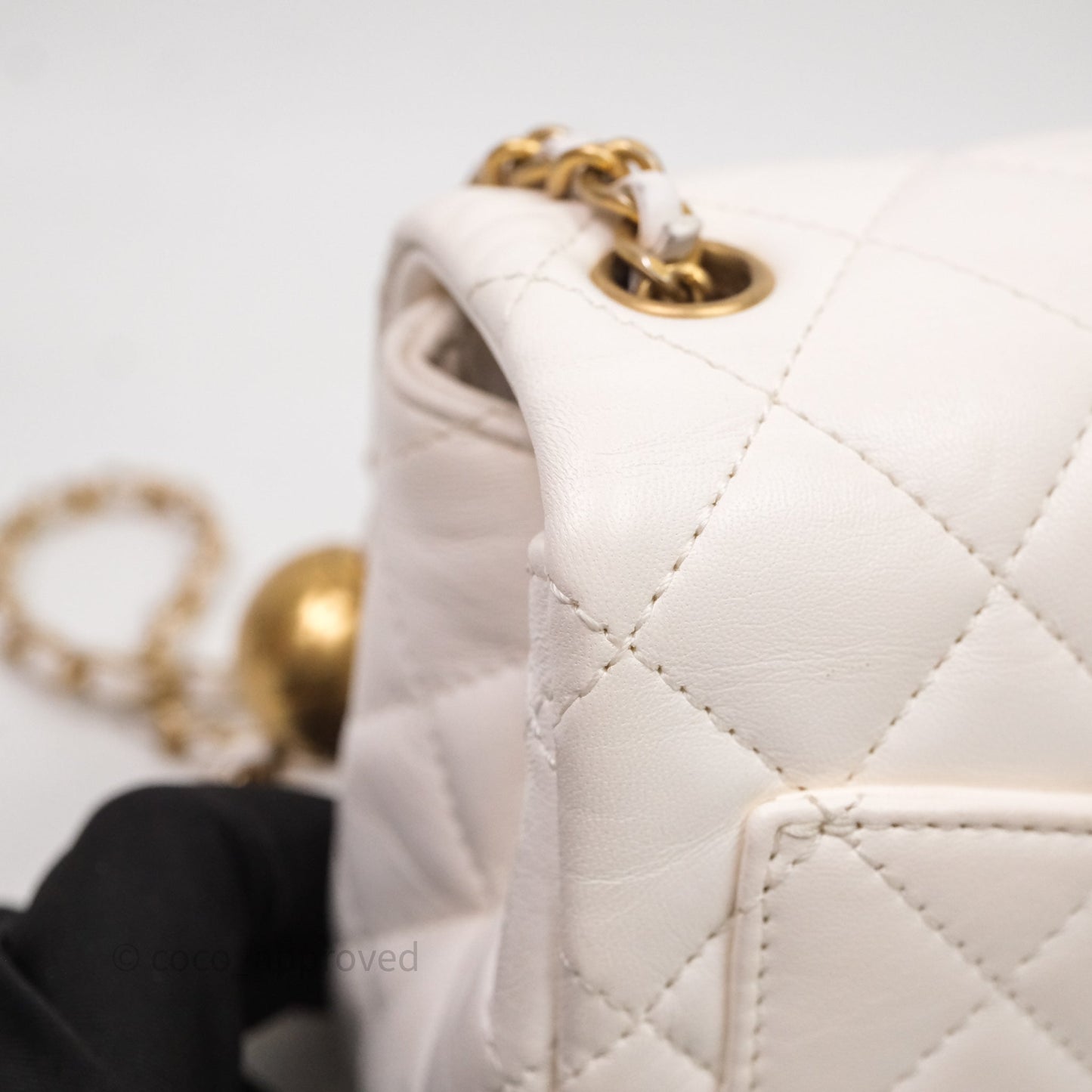 Chanel Mini Square Pearl Crush Quilted White Lambskin Aged Gold Hardware