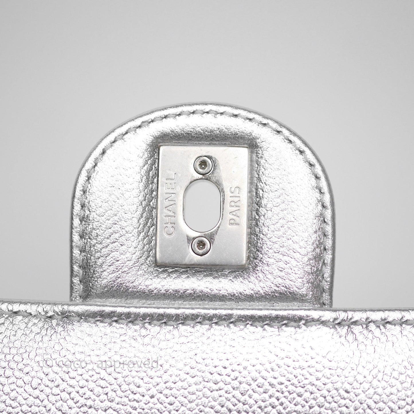 Chanel Quilted Mini Rectangular With Enamel CC Adjustable Chain Metallic Silver Caviar