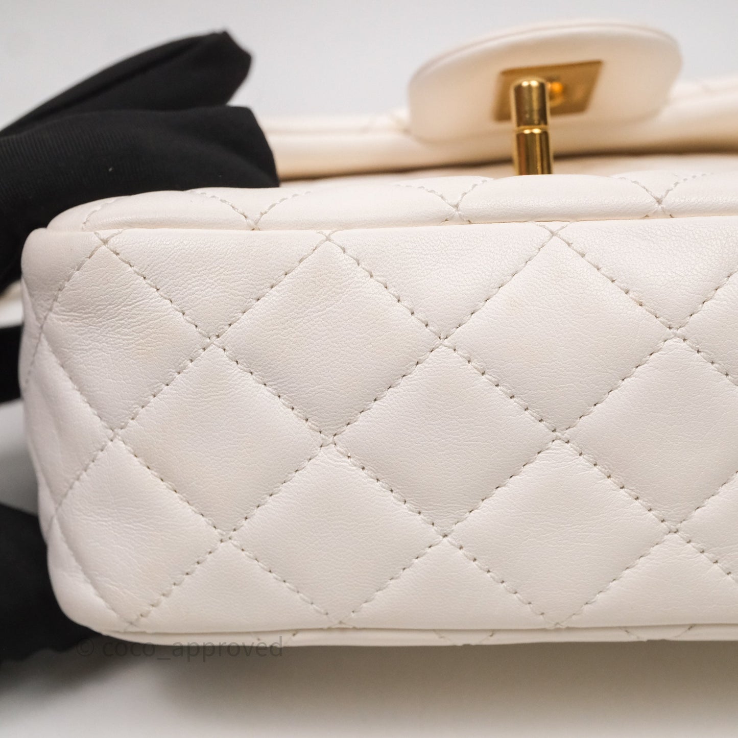 Chanel Mini Square Pearl Crush Quilted White Lambskin Aged Gold Hardware