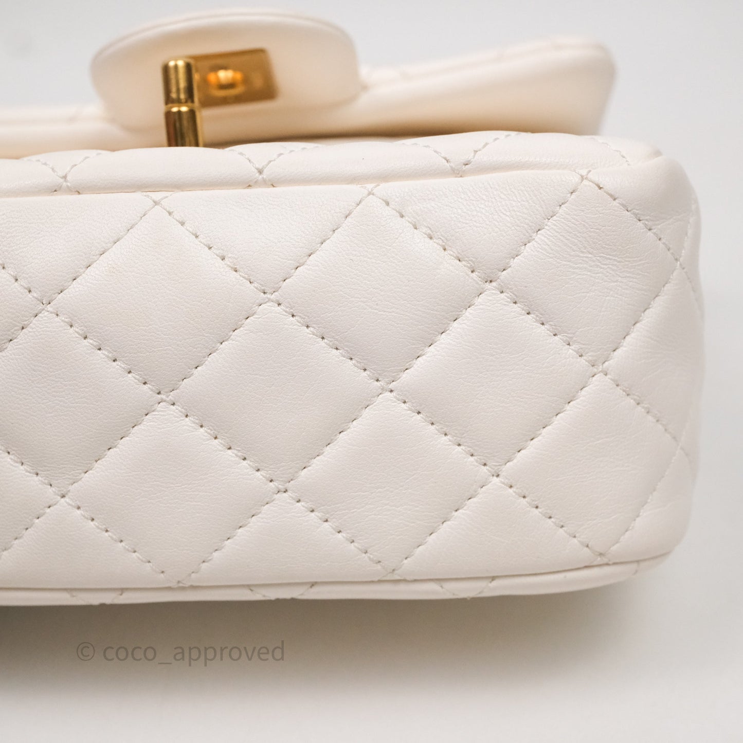 Chanel Mini Square Pearl Crush Quilted White Lambskin Aged Gold Hardware