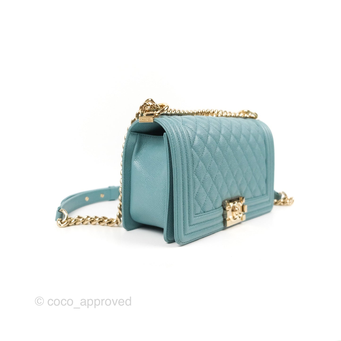 Chanel Quilted Medium Boy Tiffany Blue Caviar Gold Hardware