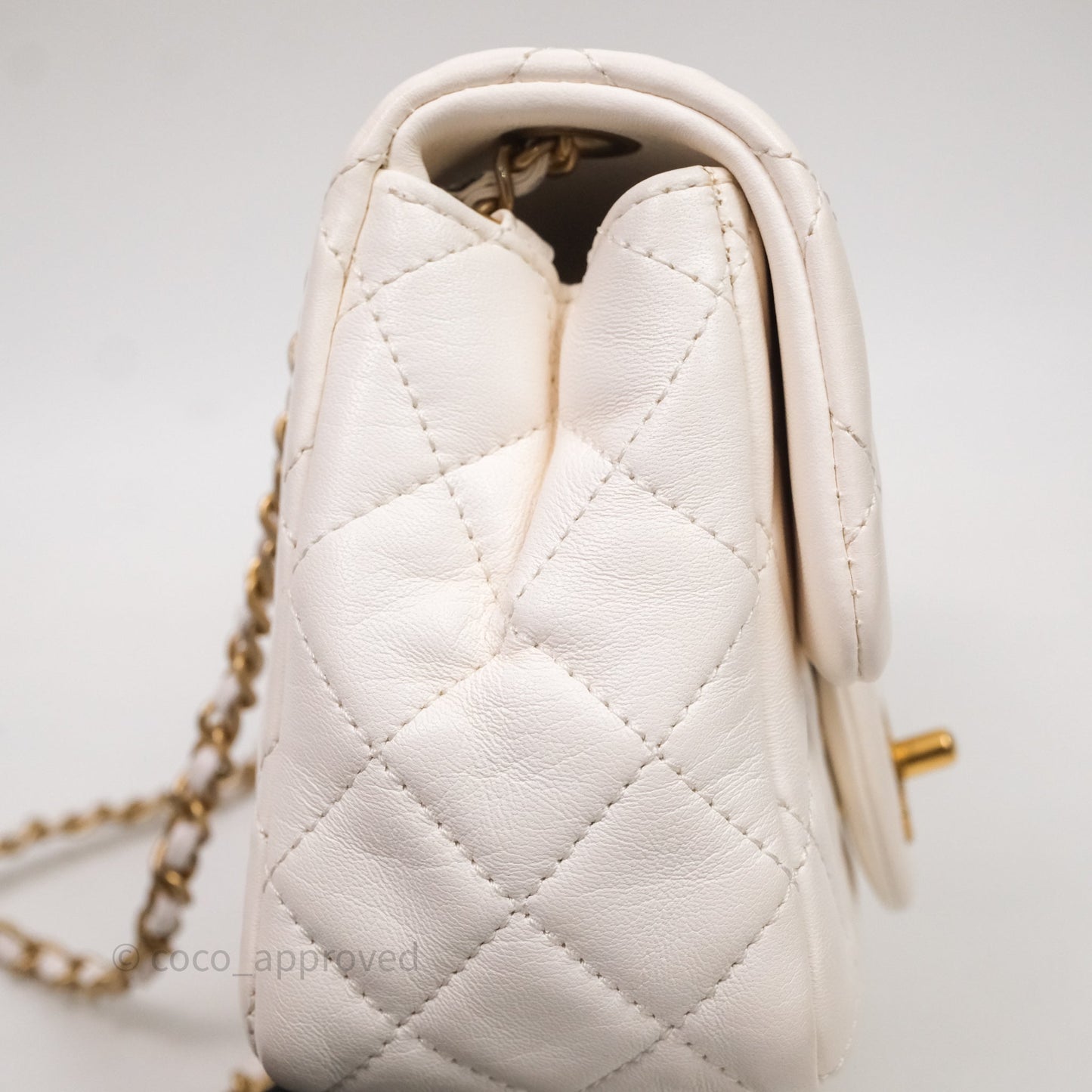Chanel Mini Square Pearl Crush Quilted White Lambskin Aged Gold Hardware