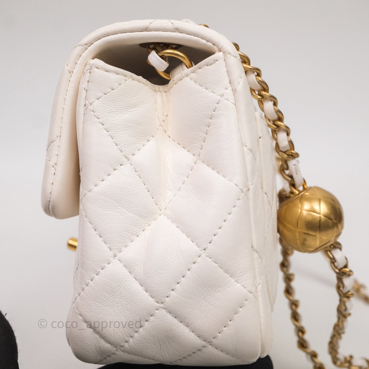 Chanel Mini Square Pearl Crush Quilted White Lambskin Aged Gold Hardware