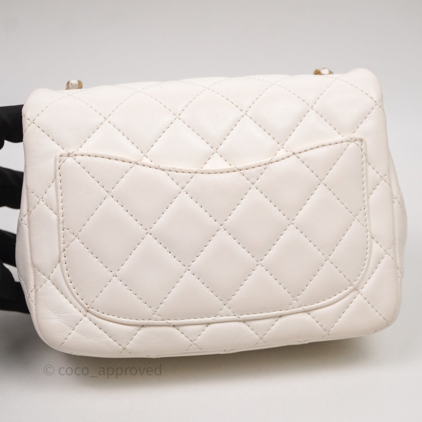 Chanel Mini Square Pearl Crush Quilted White Lambskin Aged Gold Hardware
