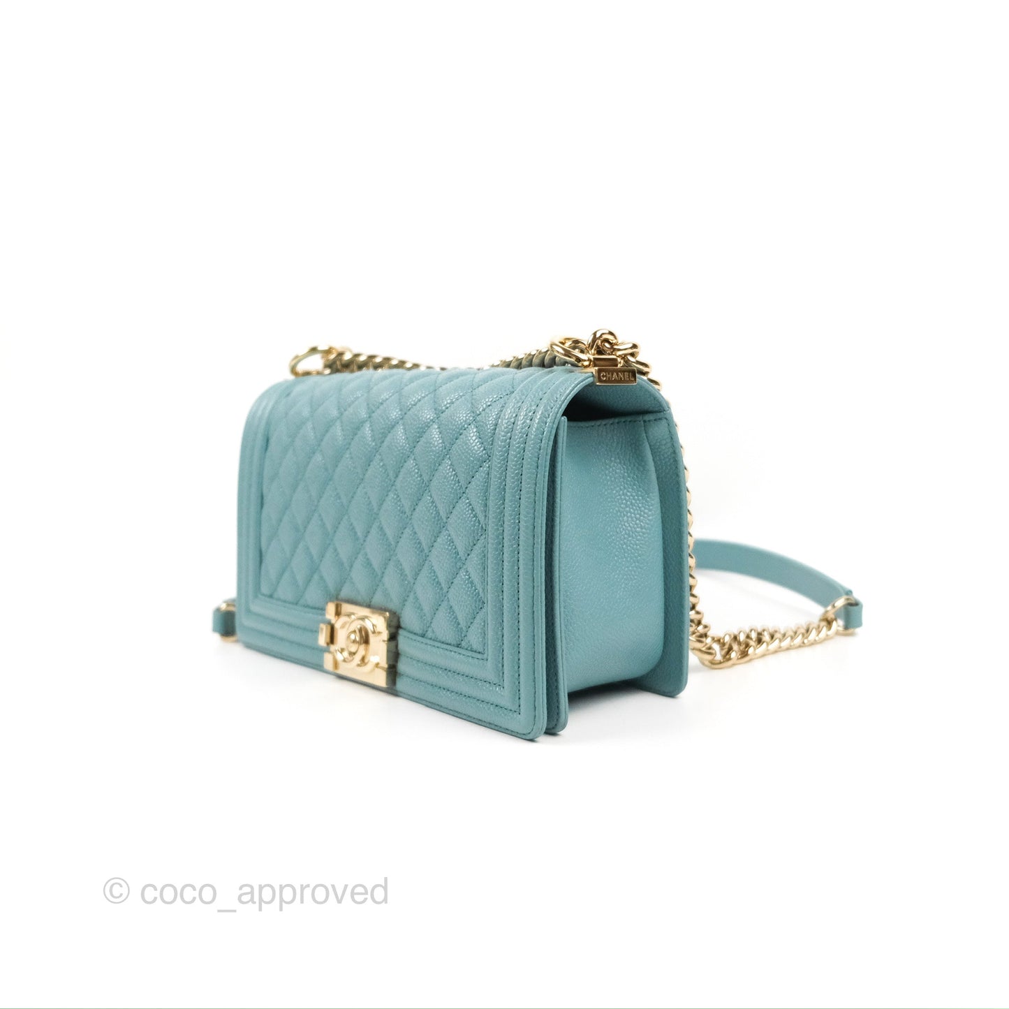Chanel Quilted Medium Boy Tiffany Blue Caviar Gold Hardware