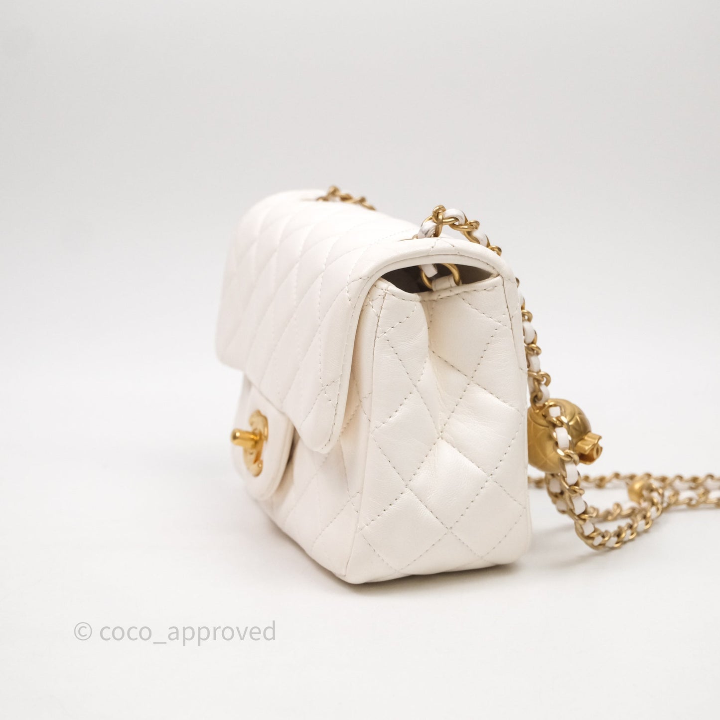 Chanel Mini Square Pearl Crush Quilted White Lambskin Aged Gold Hardware
