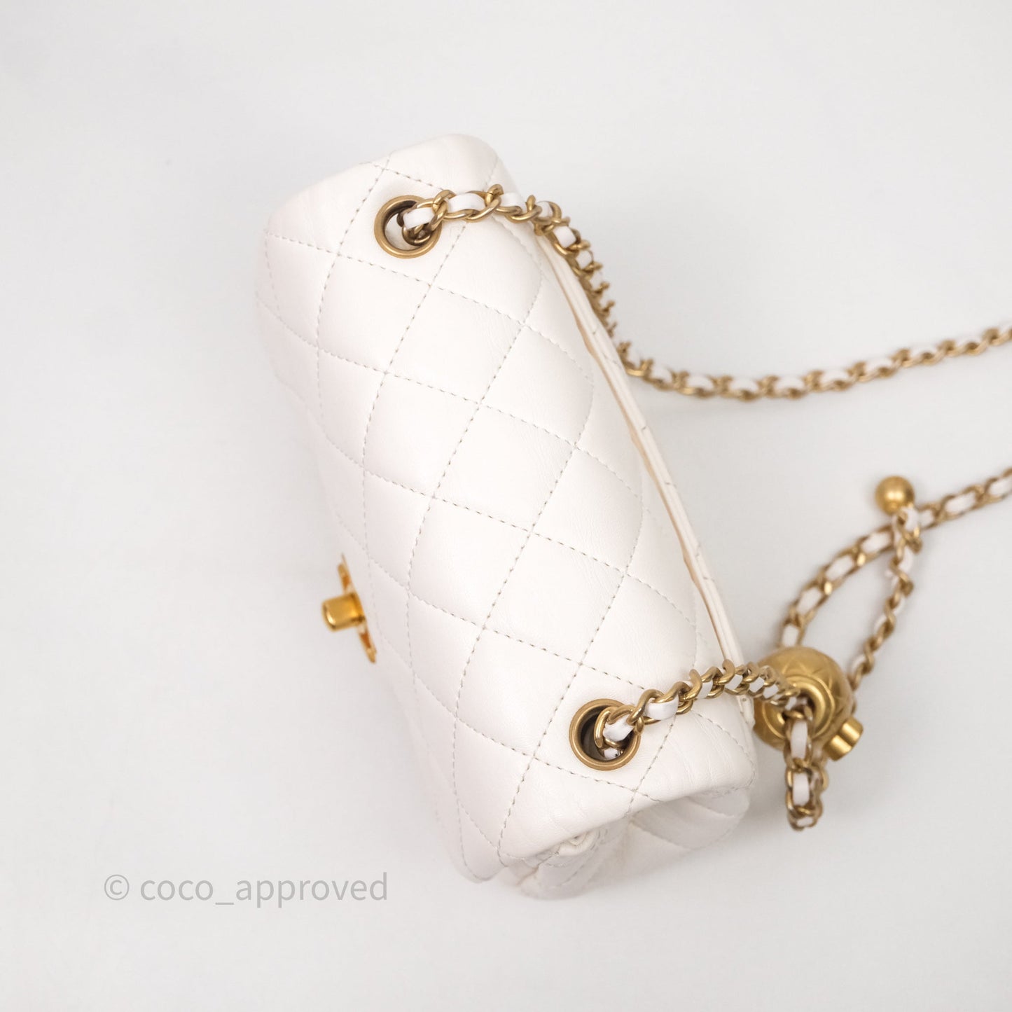 Chanel Mini Square Pearl Crush Quilted White Lambskin Aged Gold Hardware