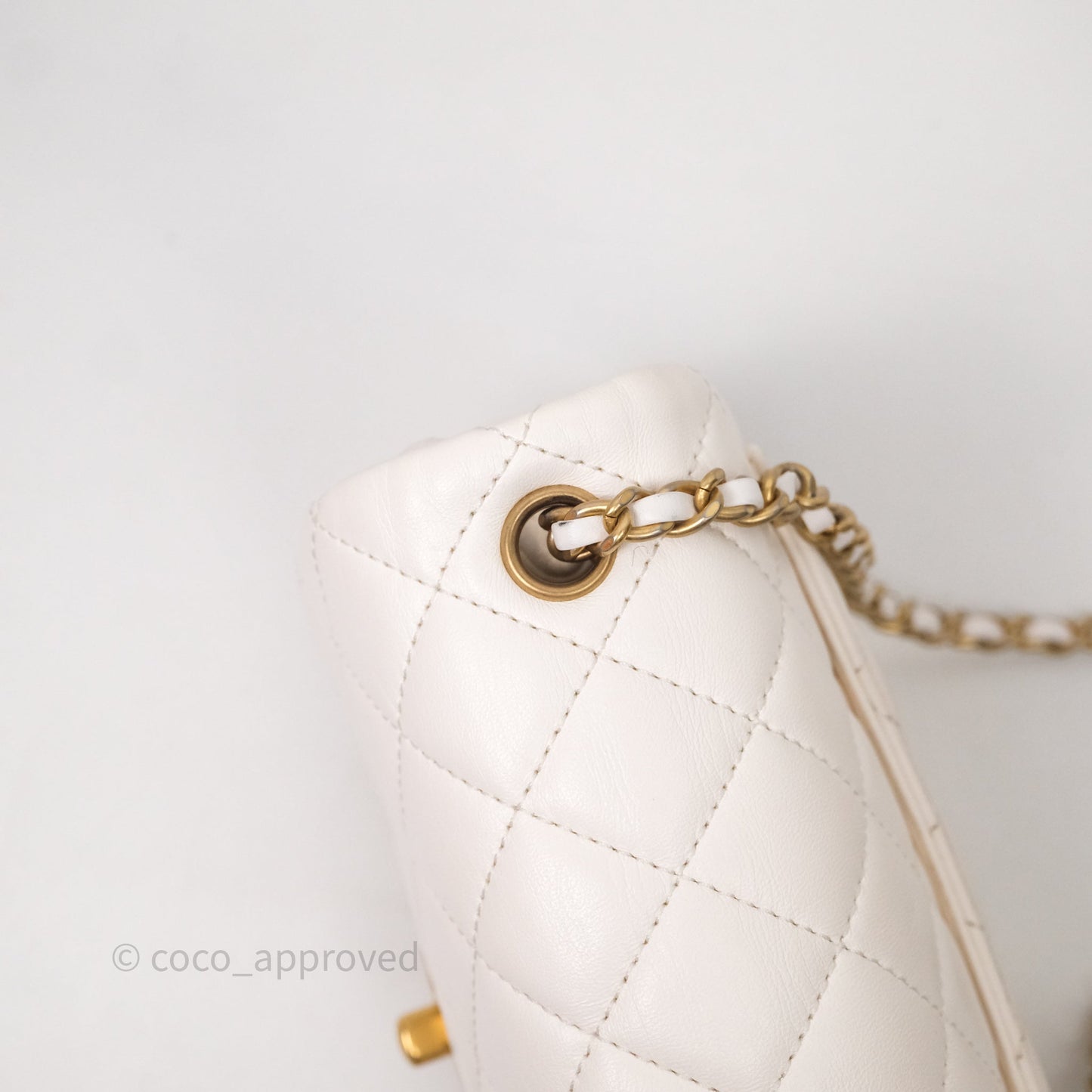 Chanel Mini Square Pearl Crush Quilted White Lambskin Aged Gold Hardware