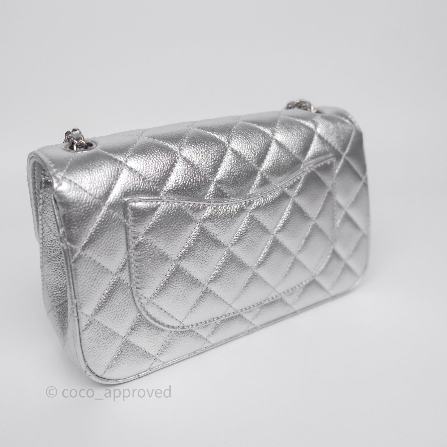 Chanel Quilted Mini Rectangular With Enamel CC Adjustable Chain Metallic Silver Caviar