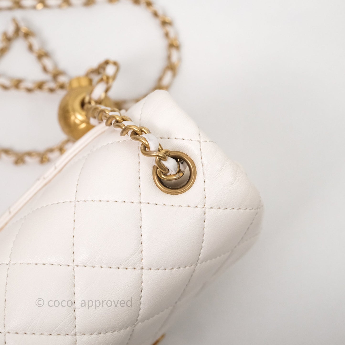 Chanel Mini Square Pearl Crush Quilted White Lambskin Aged Gold Hardware