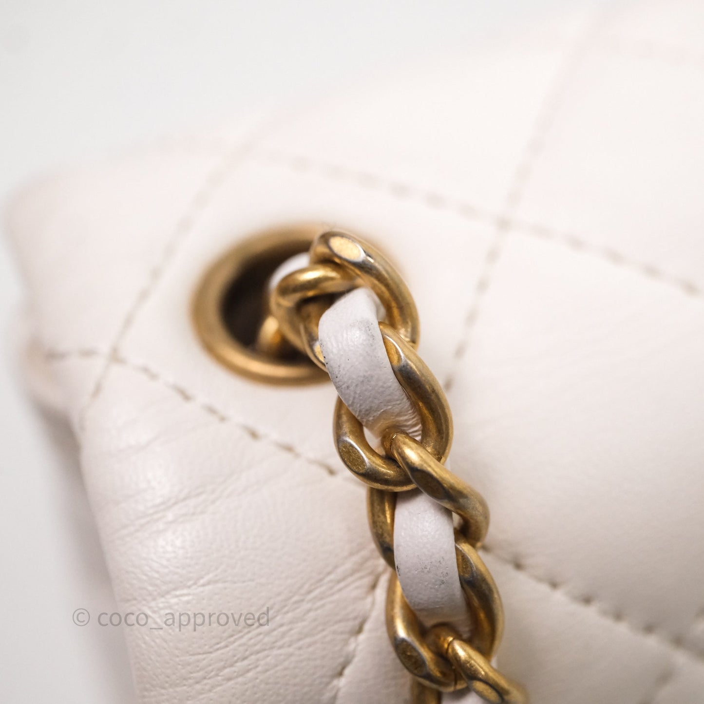 Chanel Mini Square Pearl Crush Quilted White Lambskin Aged Gold Hardware
