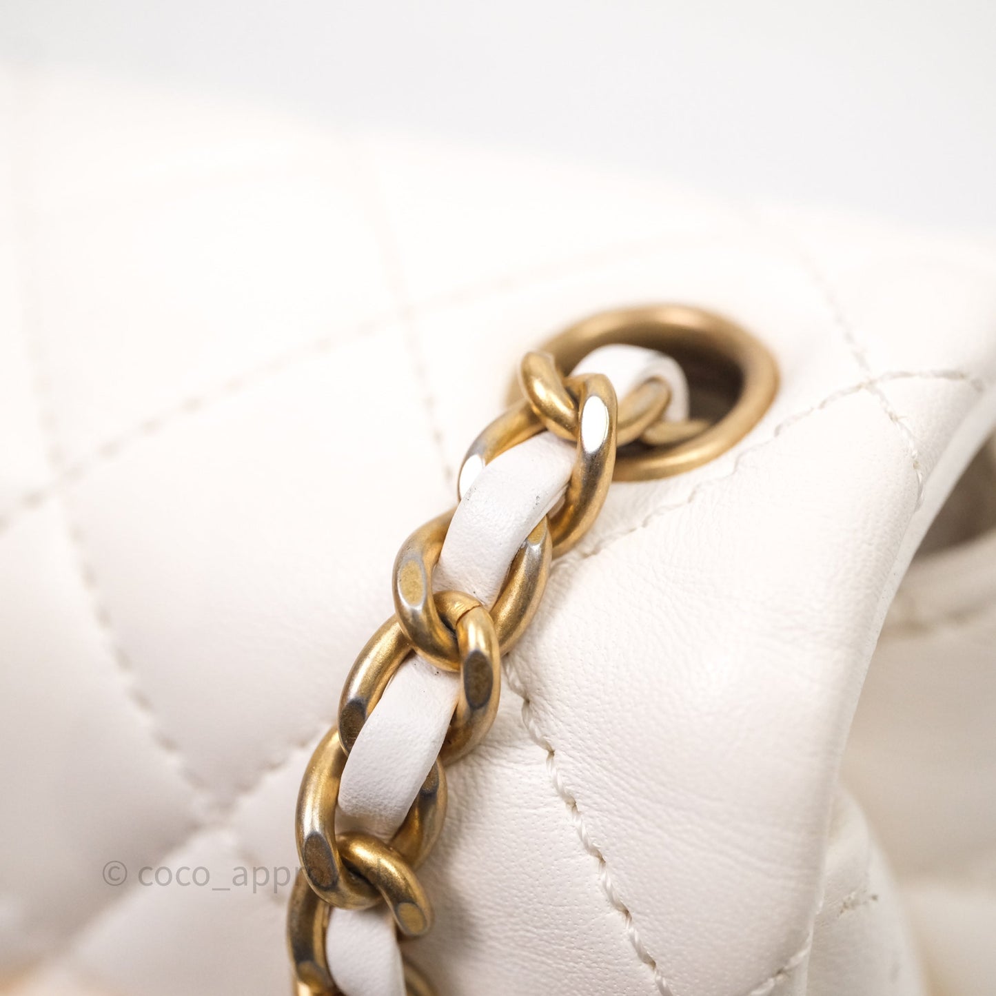 Chanel Mini Square Pearl Crush Quilted White Lambskin Aged Gold Hardware