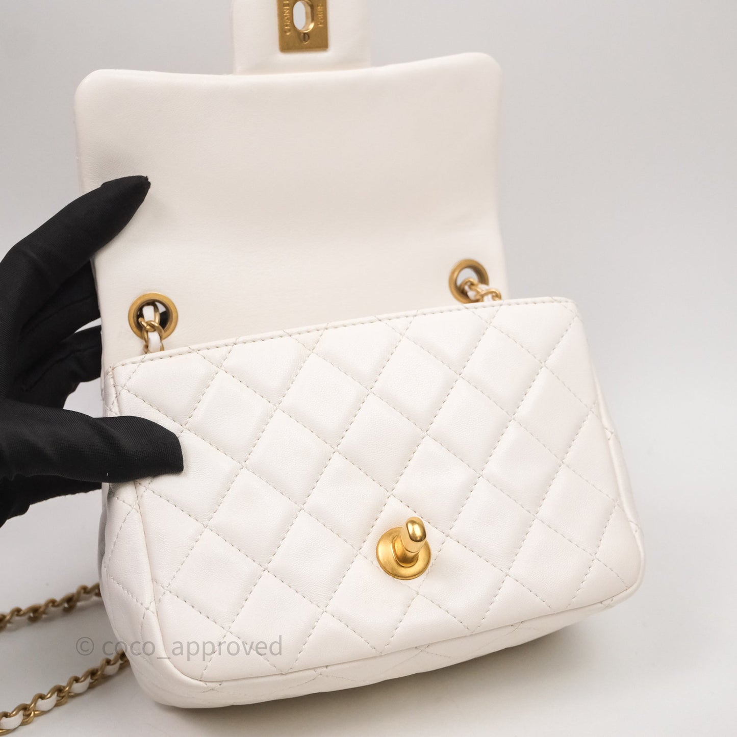 Chanel Mini Square Pearl Crush Quilted White Lambskin Aged Gold Hardware