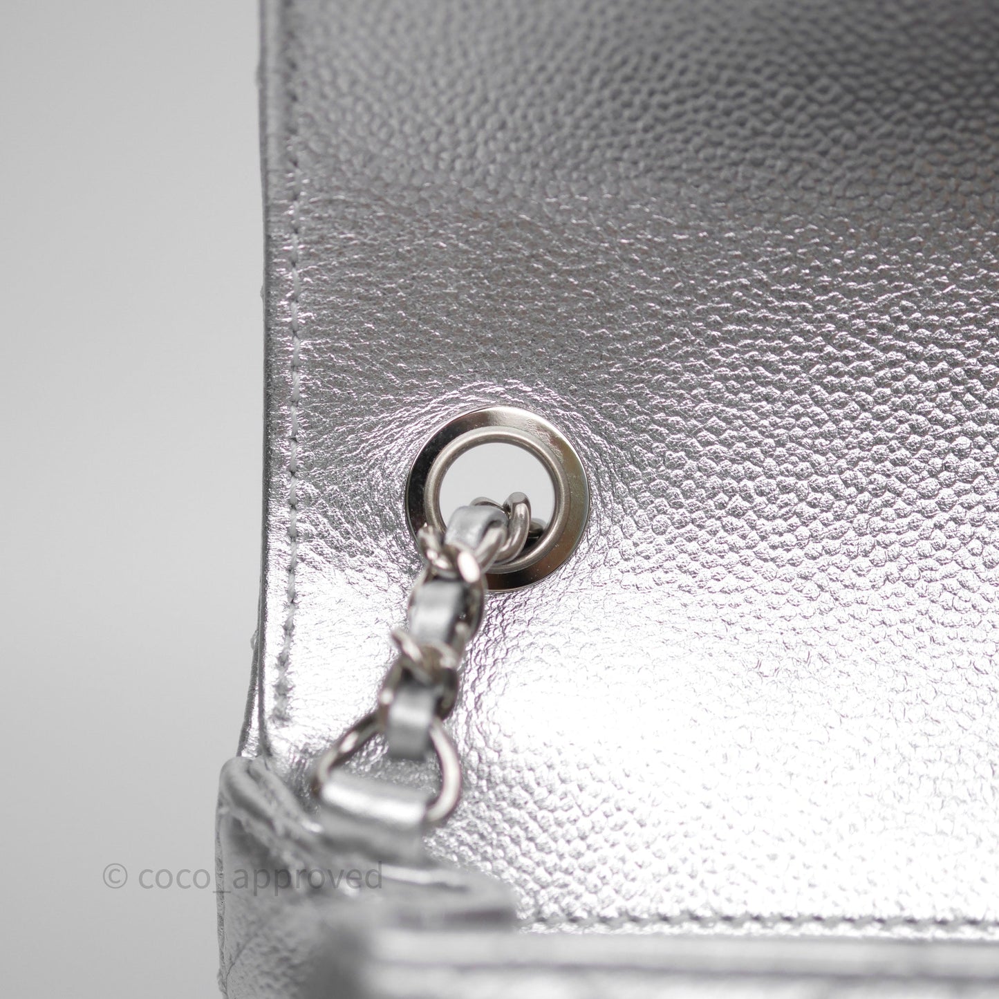 Chanel Quilted Mini Rectangular With Enamel CC Adjustable Chain Metallic Silver Caviar