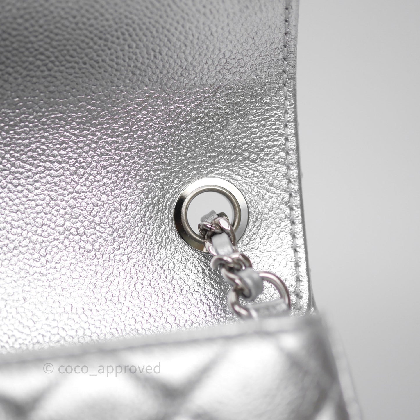 Chanel Quilted Mini Rectangular With Enamel CC Adjustable Chain Metallic Silver Caviar