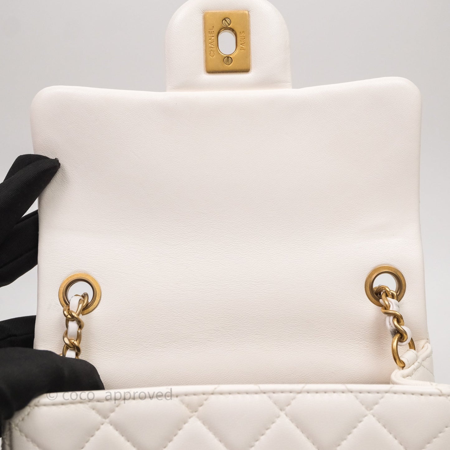 Chanel Mini Square Pearl Crush Quilted White Lambskin Aged Gold Hardware