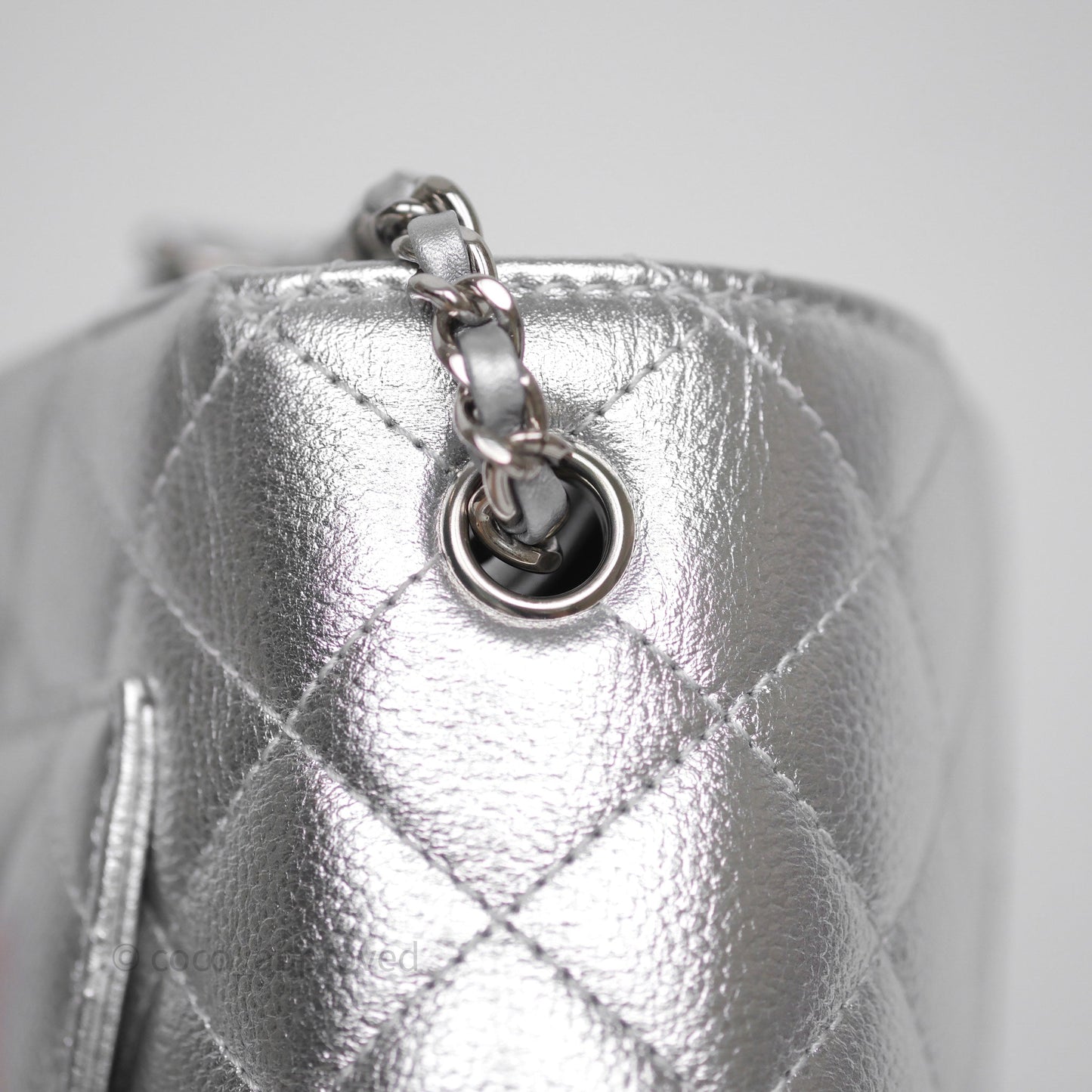 Chanel Quilted Mini Rectangular With Enamel CC Adjustable Chain Metallic Silver Caviar