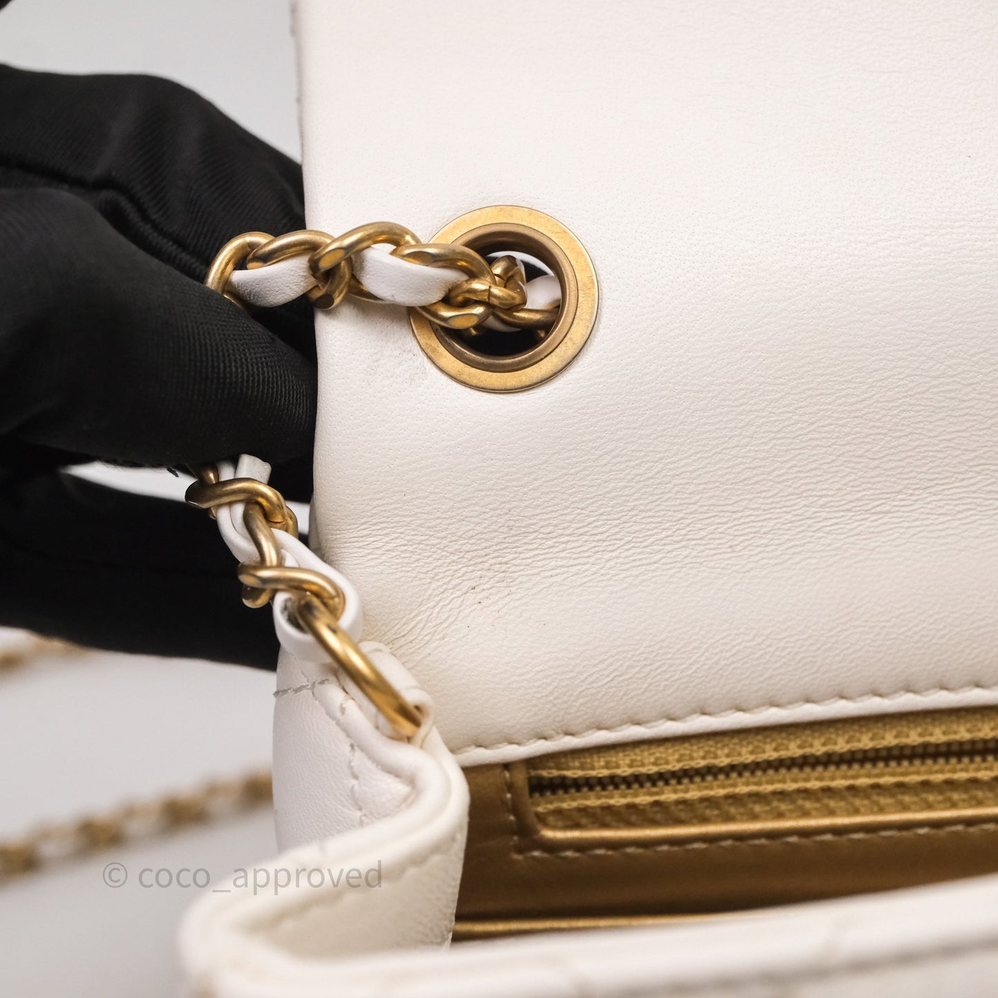Chanel Mini Square Pearl Crush Quilted White Lambskin Aged Gold Hardware