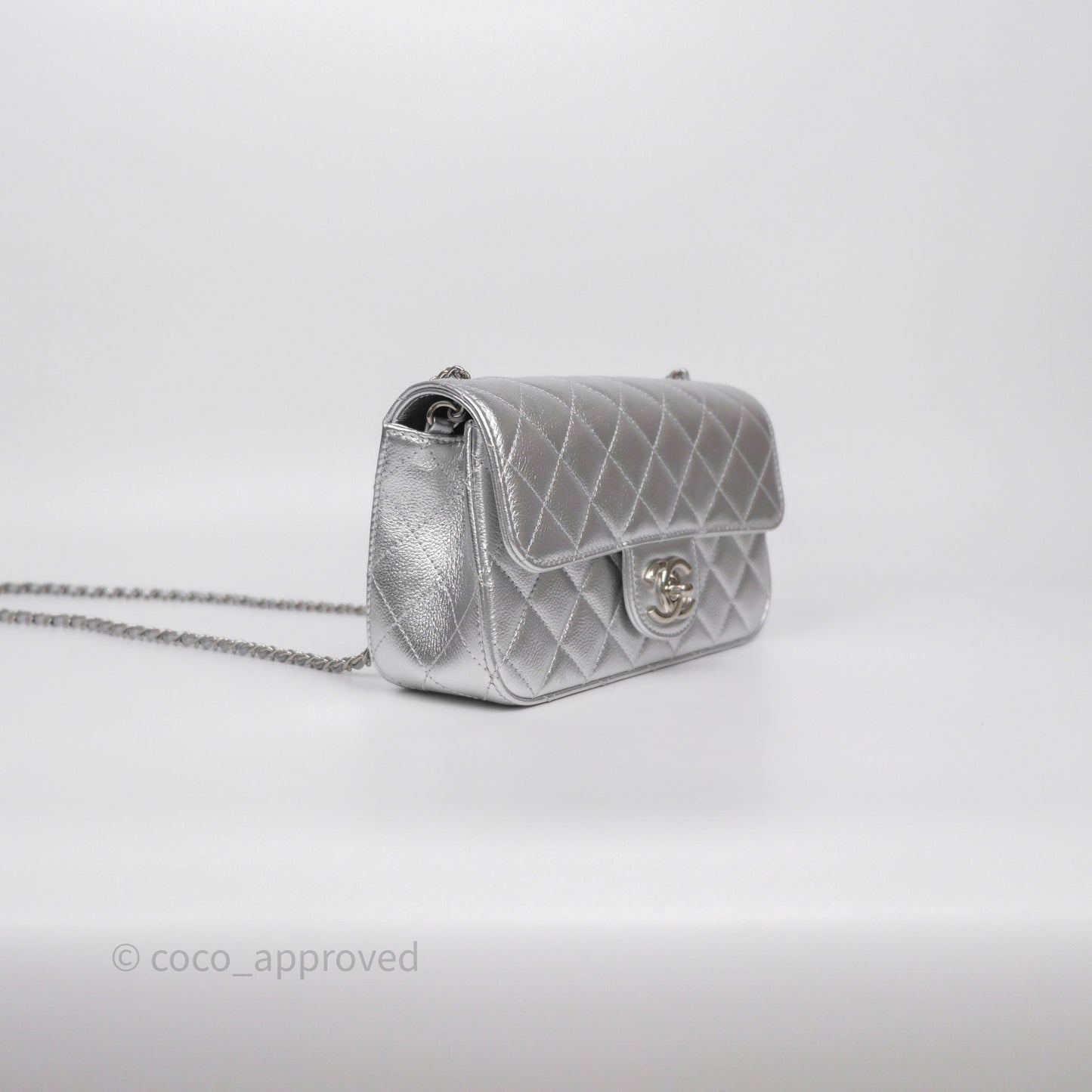 Chanel Quilted Mini Rectangular With Enamel CC Adjustable Chain Metallic Silver Caviar