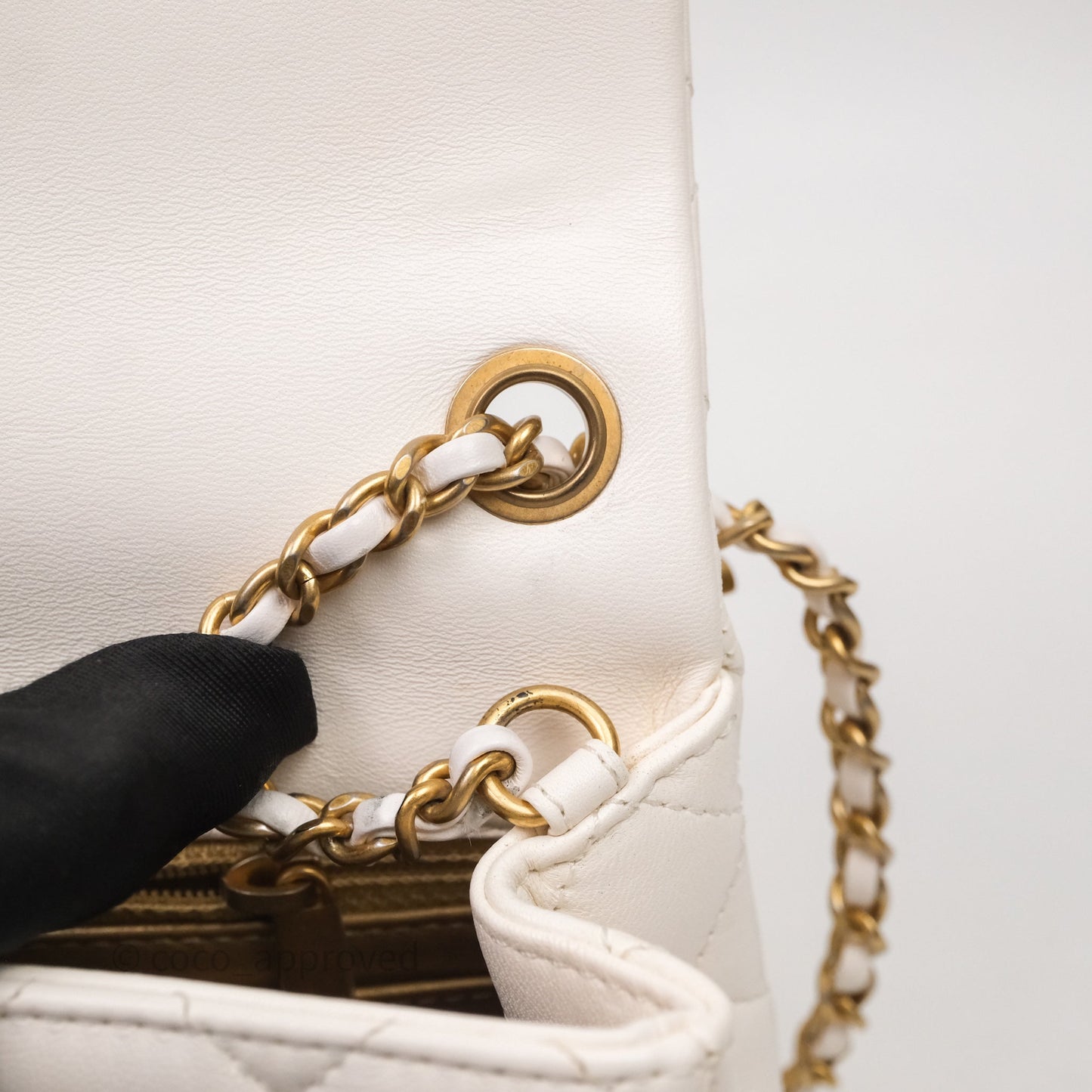 Chanel Mini Square Pearl Crush Quilted White Lambskin Aged Gold Hardware