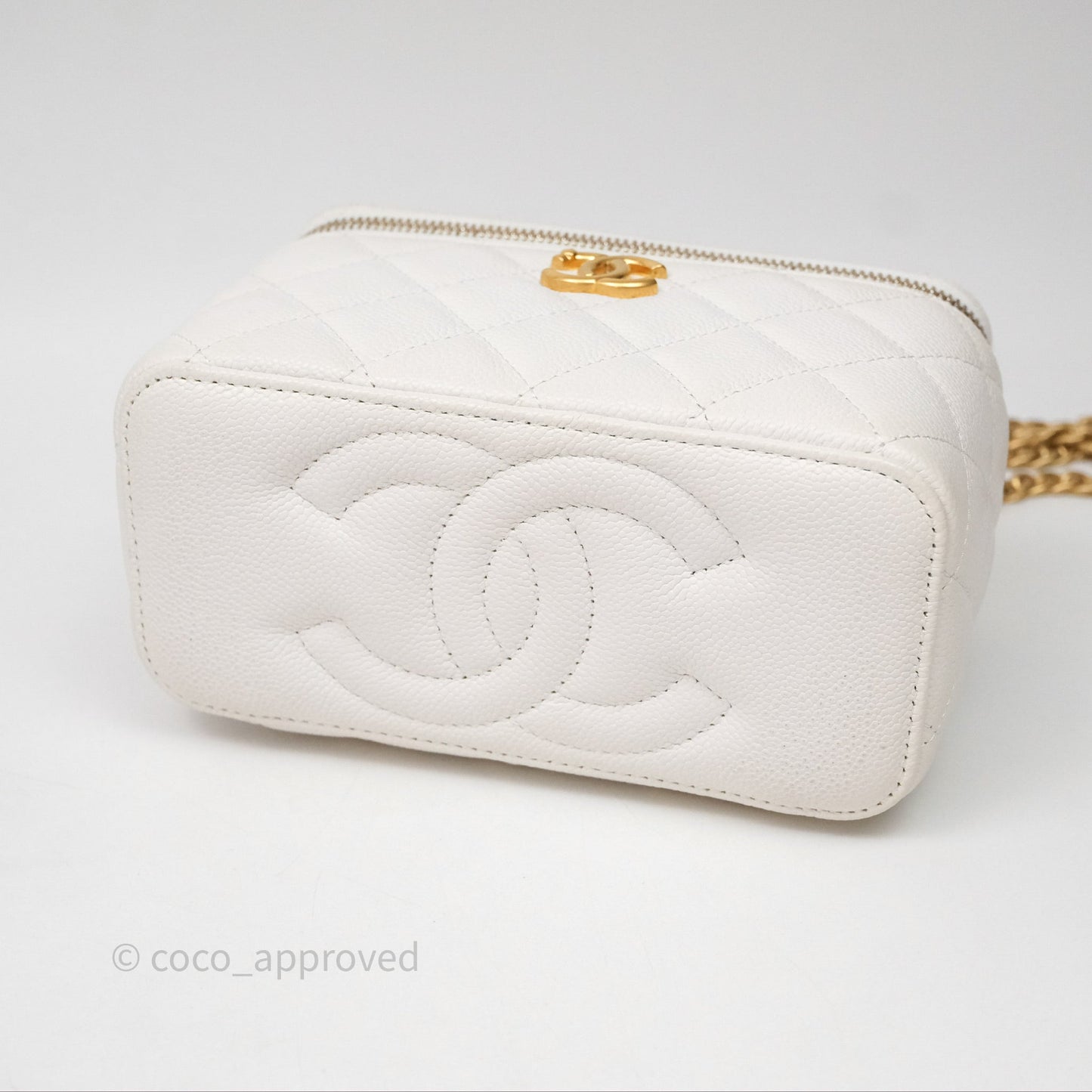 Chanel Vanity with Heart Adjustable Chain White Caviar Aged Gold Hardware