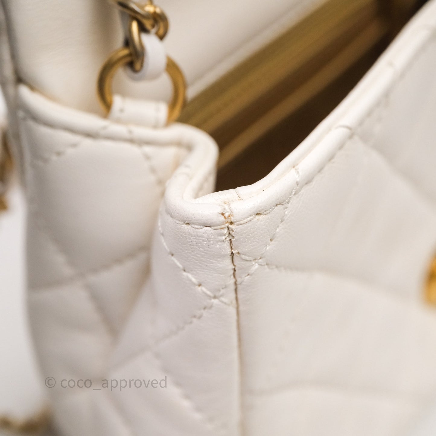 Chanel Mini Square Pearl Crush Quilted White Lambskin Aged Gold Hardware